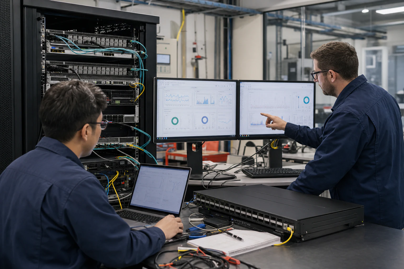 network engineers validating and automating data-centre switches for “RFP Question Set for INT and Path Telemetry: How Australian Data Center Operators...