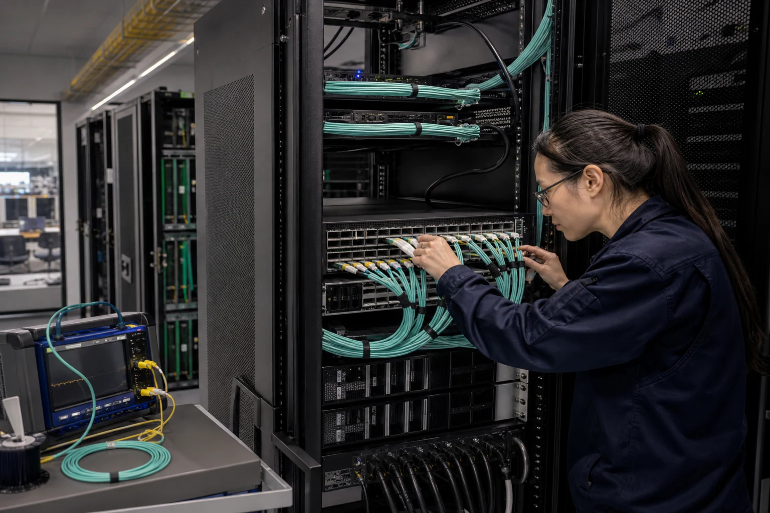an engineer commissioning a high-speed Ethernet AI fabric for “RoCE RDMA and Ethernet Fabric Design for AI Training Clusters: A Practical Buyer Guide”