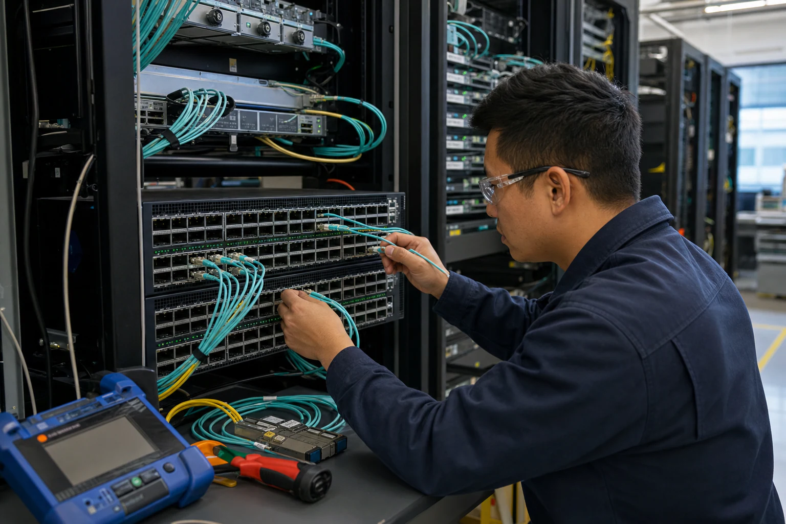 an engineer commissioning a high-speed Ethernet AI fabric for “RoCE RDMA and Lossless Ethernet Fabric Design: What AI Cluster Buyers Need to Know”