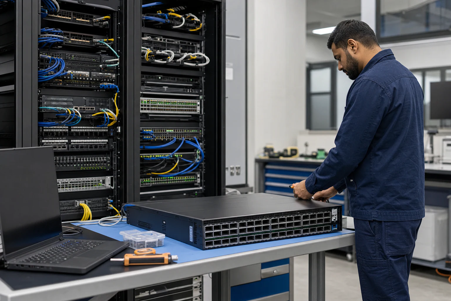 an engineer testing enterprise open-networking switches for “SONiC Adoption Signals a Shift in Australia's Data Center Networking Strategy as AI Workloa...