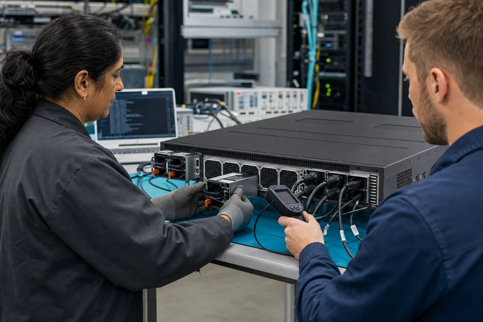 an engineer testing enterprise open-networking switches for “SONiC Data Center Switch Risk Review for Australian Enterprise and DC Teams: Q2 2026”