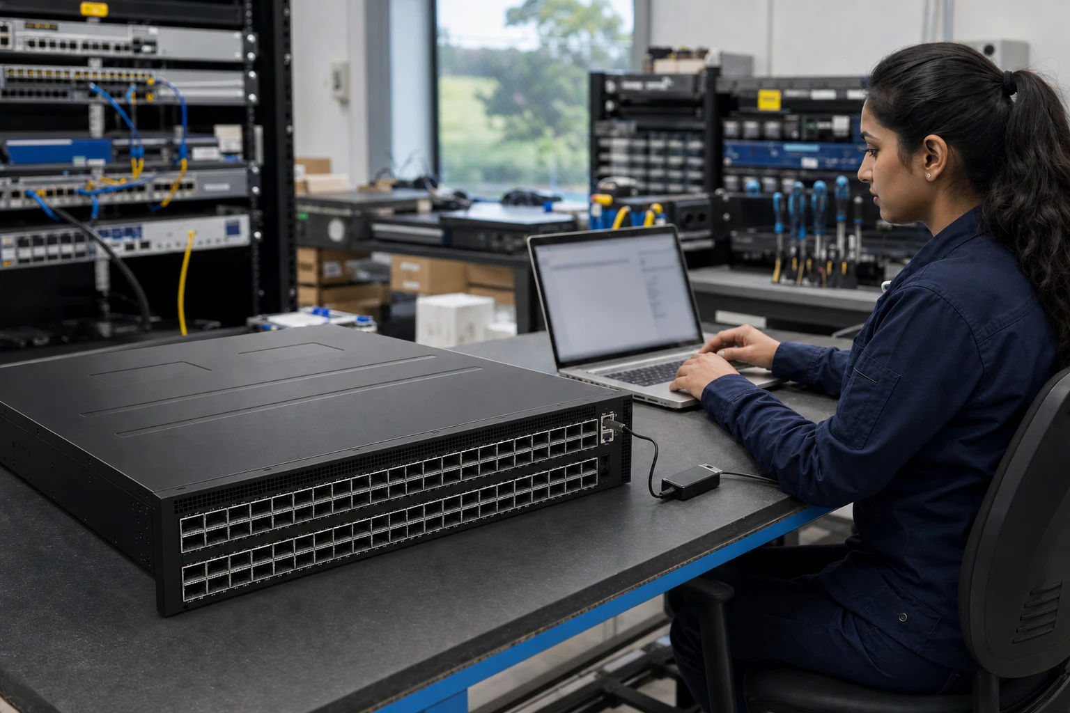 an engineer testing enterprise open-networking switches for “SONiC Ecosystem in 2025: What Australian Network Buyers Need to Know About Open NOS Maturity”