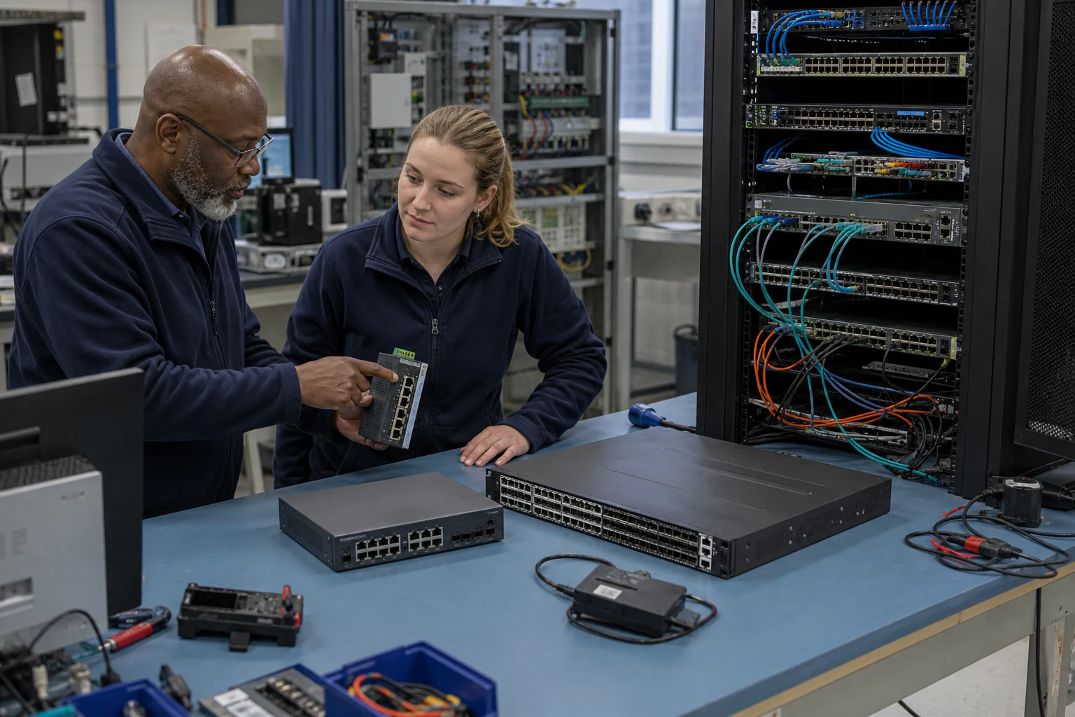 an engineer testing enterprise open-networking switches for “SONiC Moves Beyond the Data Center: What Industrial and SMB Ethernet Switch Trends Mean for...