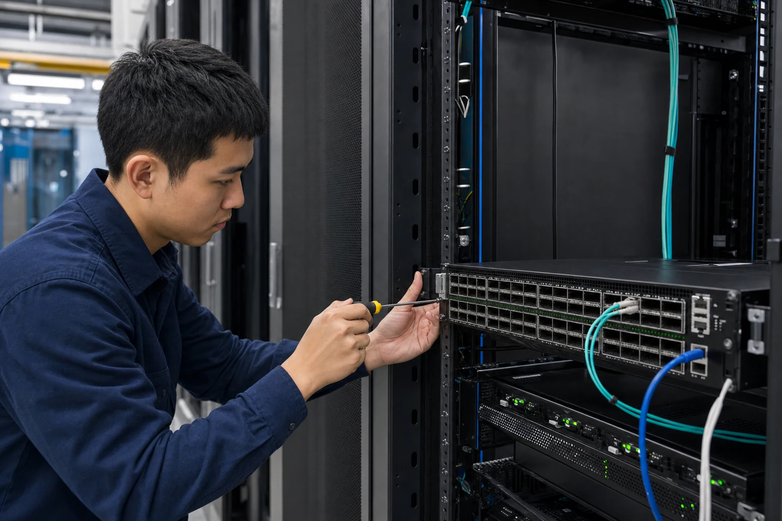 an engineer testing enterprise open-networking switches for “SONiC Network Operating System Architecture: A Buyer Guide for Enterprise and Data Center T...