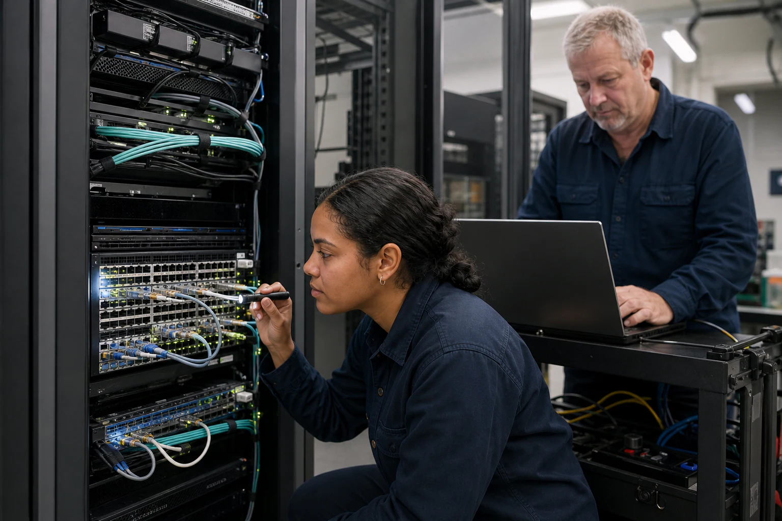 an engineer testing enterprise open-networking switches for “SONiC Network Operating System Architecture: A Buyer's Guide to Open Networking”