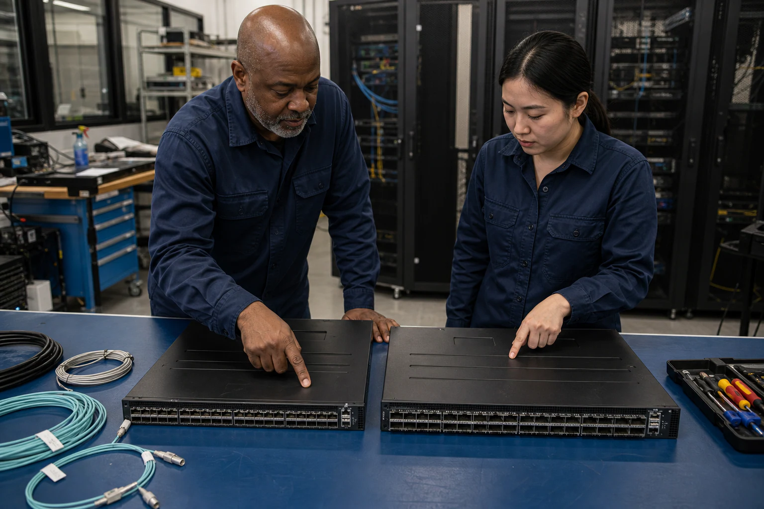 an engineer testing enterprise open-networking switches for “SONiC Switch Buying Guide for 400G and 800G Data Centers: Australian Enterprise Playbook”