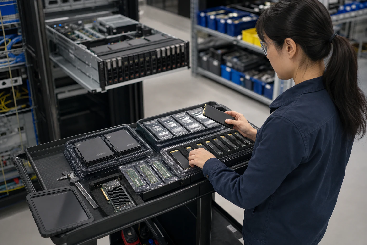 an engineer working with enterprise NVMe storage hardware for “U.2 vs E1.S vs M.2 vs AIC: NVMe SSD Form Factor Capacity Planning Guide for Australian En...