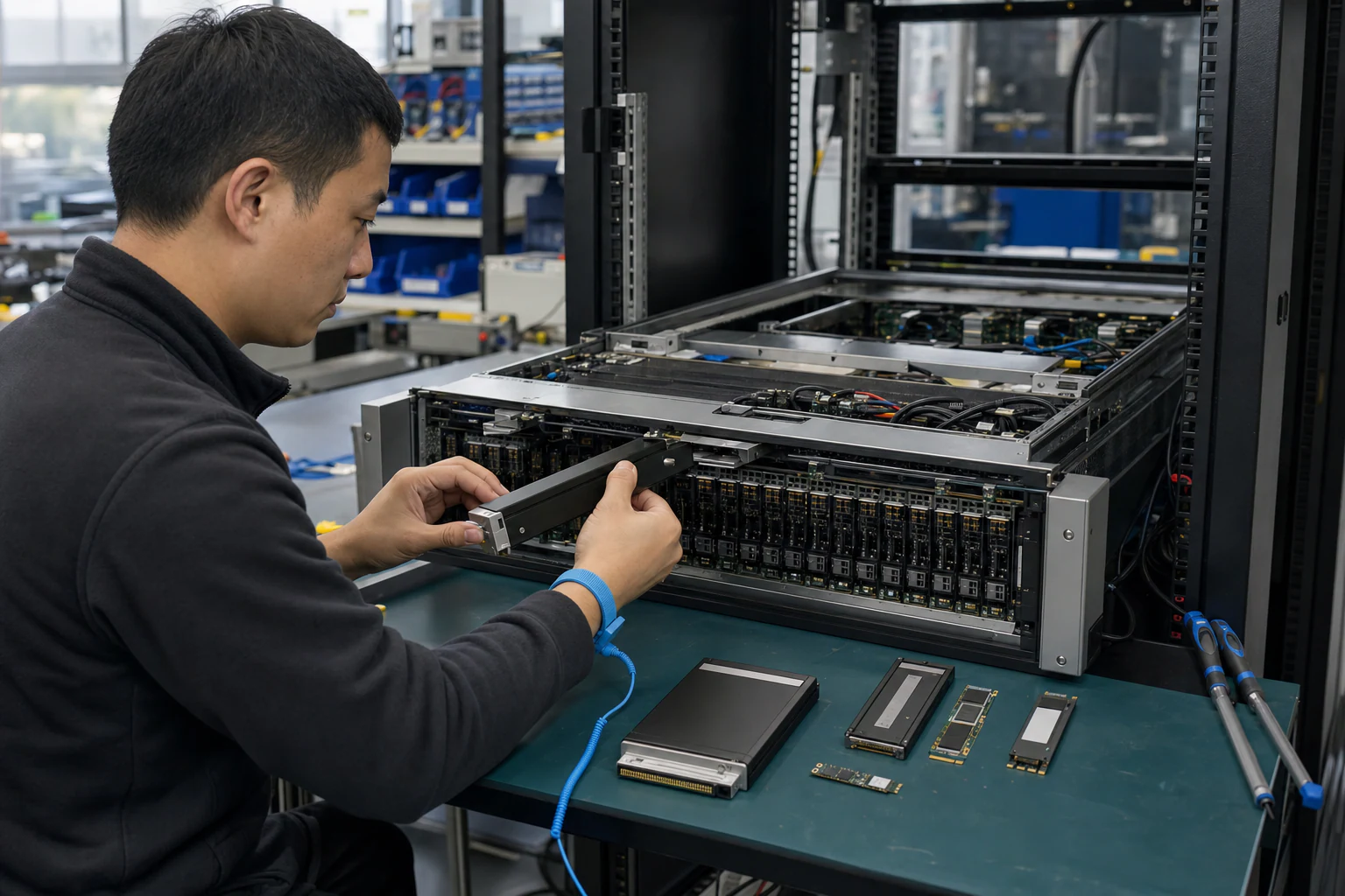 an engineer working with enterprise NVMe storage hardware for “U.2 vs M.2 vs E1.S vs AIC: Choosing the Right NVMe SSD Form Factor for Your Enterprise De...