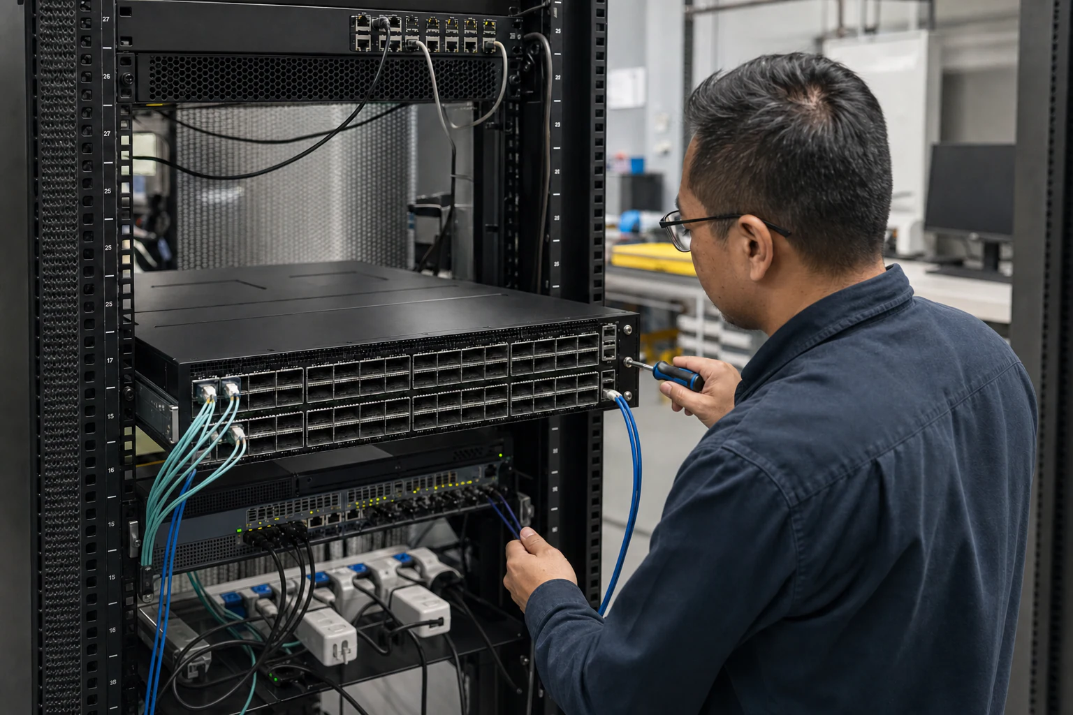 an engineer testing enterprise open-networking switches for “Understanding the Spectrum Switch Portfolio: Features That Matter for Australian Networks”
