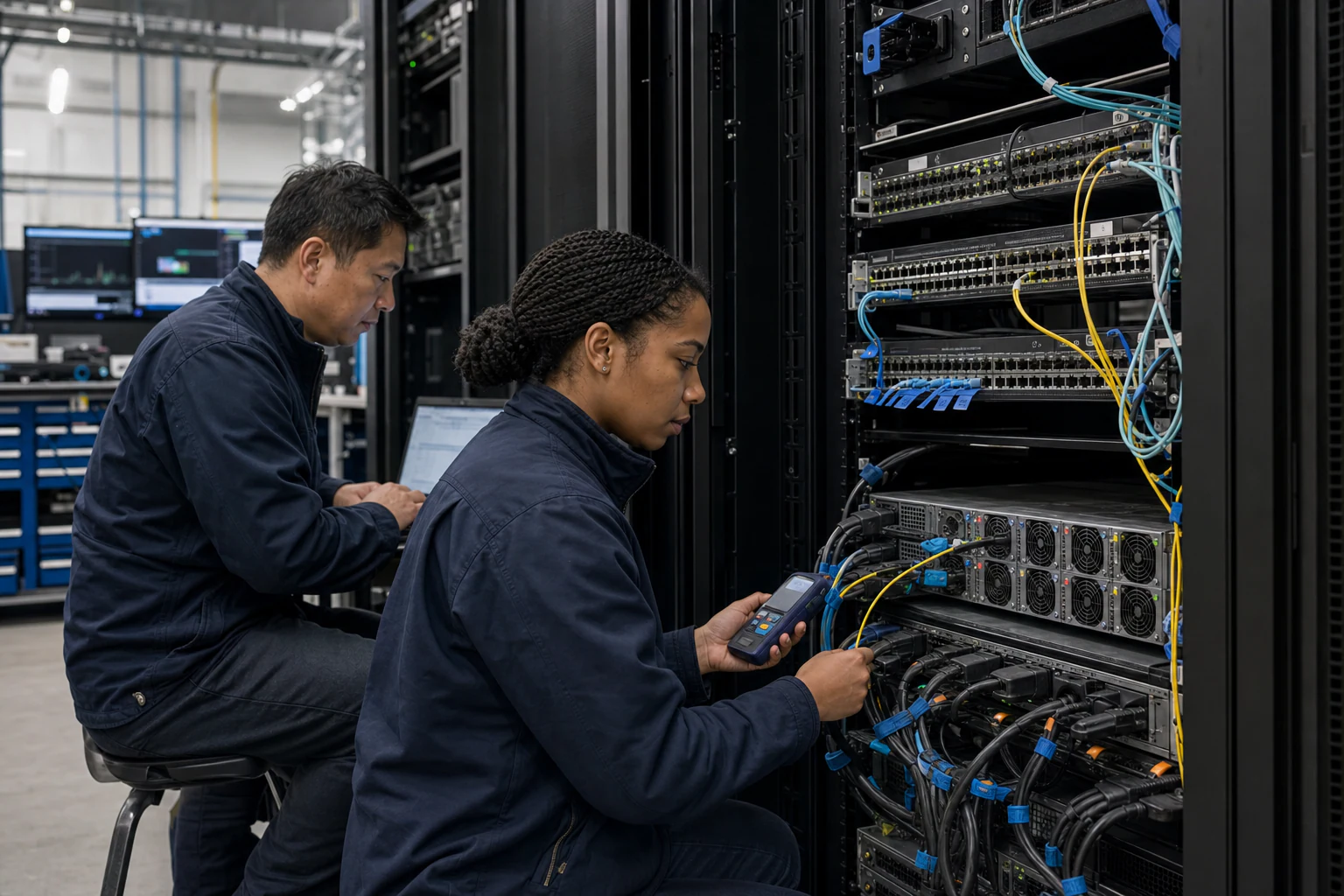network engineers validating and automating data-centre switches for “What AI Cluster Ethernet Actually Demands: A Practical Checklist for Data Center F...