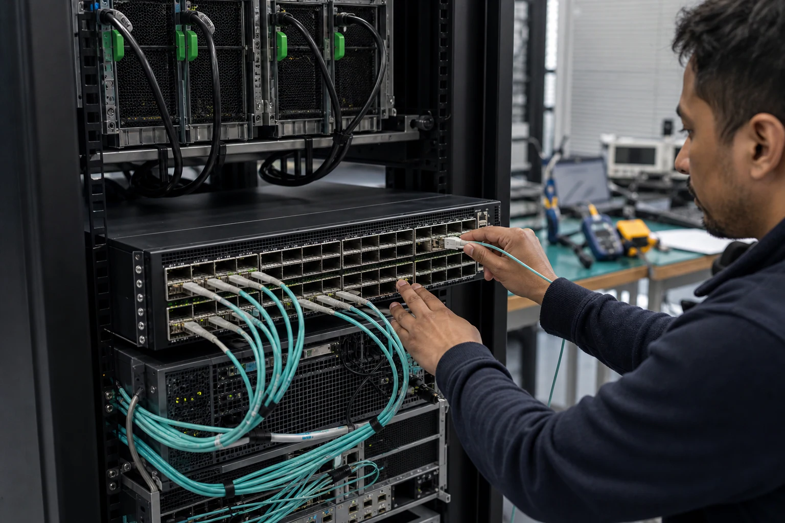 an engineer commissioning a high-speed Ethernet AI fabric for “What AI Data Center Ethernet Demands Mean for SONiC Network Operators in Australia”