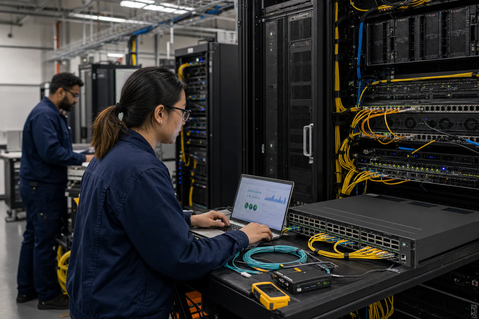 an engineer commissioning a high-speed Ethernet AI fabric for “What AI Fabric Ethernet Switching Requires: A Buyer Guide for SONiC-Based Data Centers”
