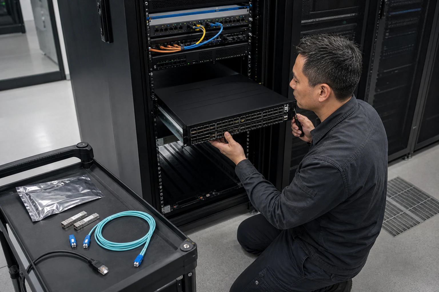 an engineer testing enterprise open-networking switches for “What Australian Data Center Buyers Should Know Before Evaluating SONiC Switches in 2026”