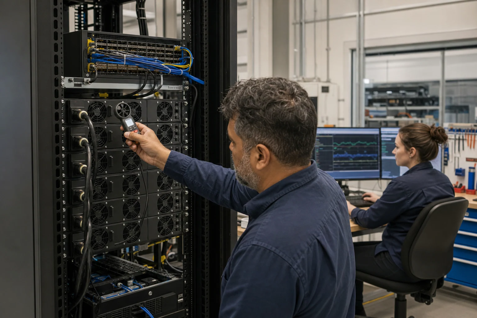 an engineer testing enterprise open-networking switches for “What Enterprise Buyers Need to Know About SONiC and Open Networking Switches”