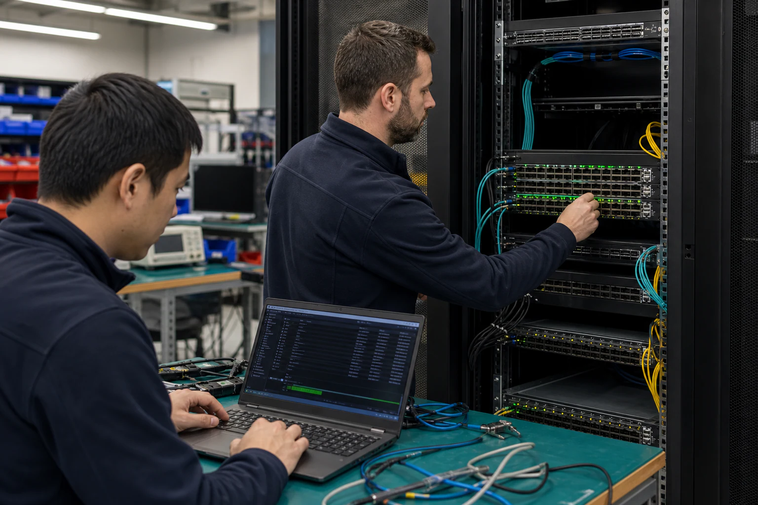 an engineer testing enterprise open-networking switches for “What Enterprise Teams Should Validate Before Rolling SONiC Switches Into Production”