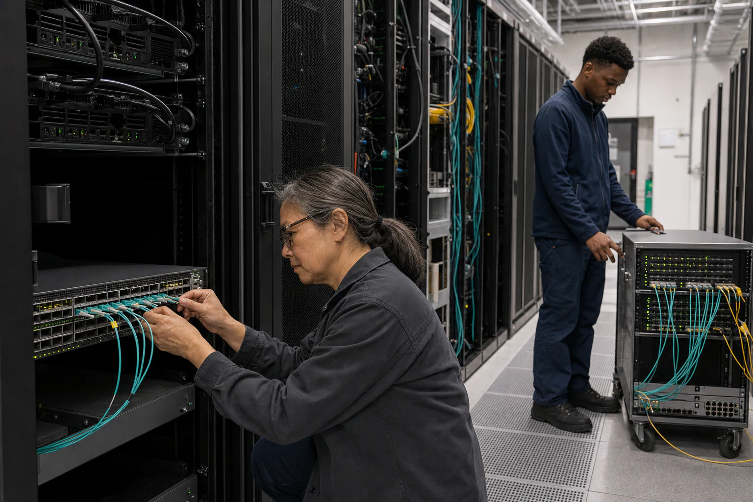 an engineer commissioning a high-speed Ethernet AI fabric for “What Ethernet Switches Need to Run AI Fabric: Lessons From SONiC and NVIDIA Spectrum-X”
