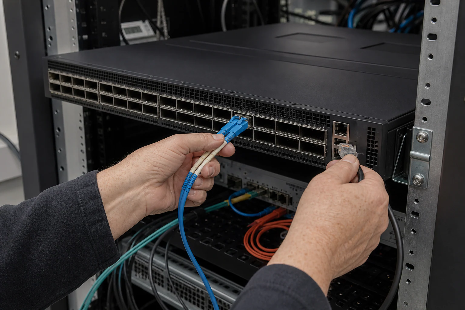 an engineer testing enterprise open-networking switches for “What Is SONiC? How an Open-Source Network Operating System Is Reshaping Data Center Switching”