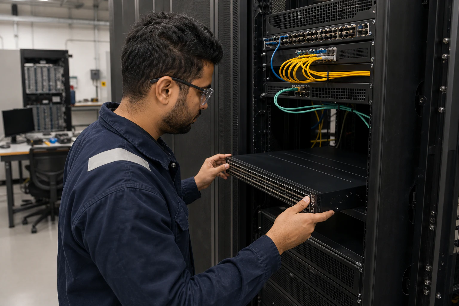 an engineer testing enterprise open-networking switches for “White Box Switch vs Traditional Switch: What Enterprise Buyers in Australia Need to Know”
