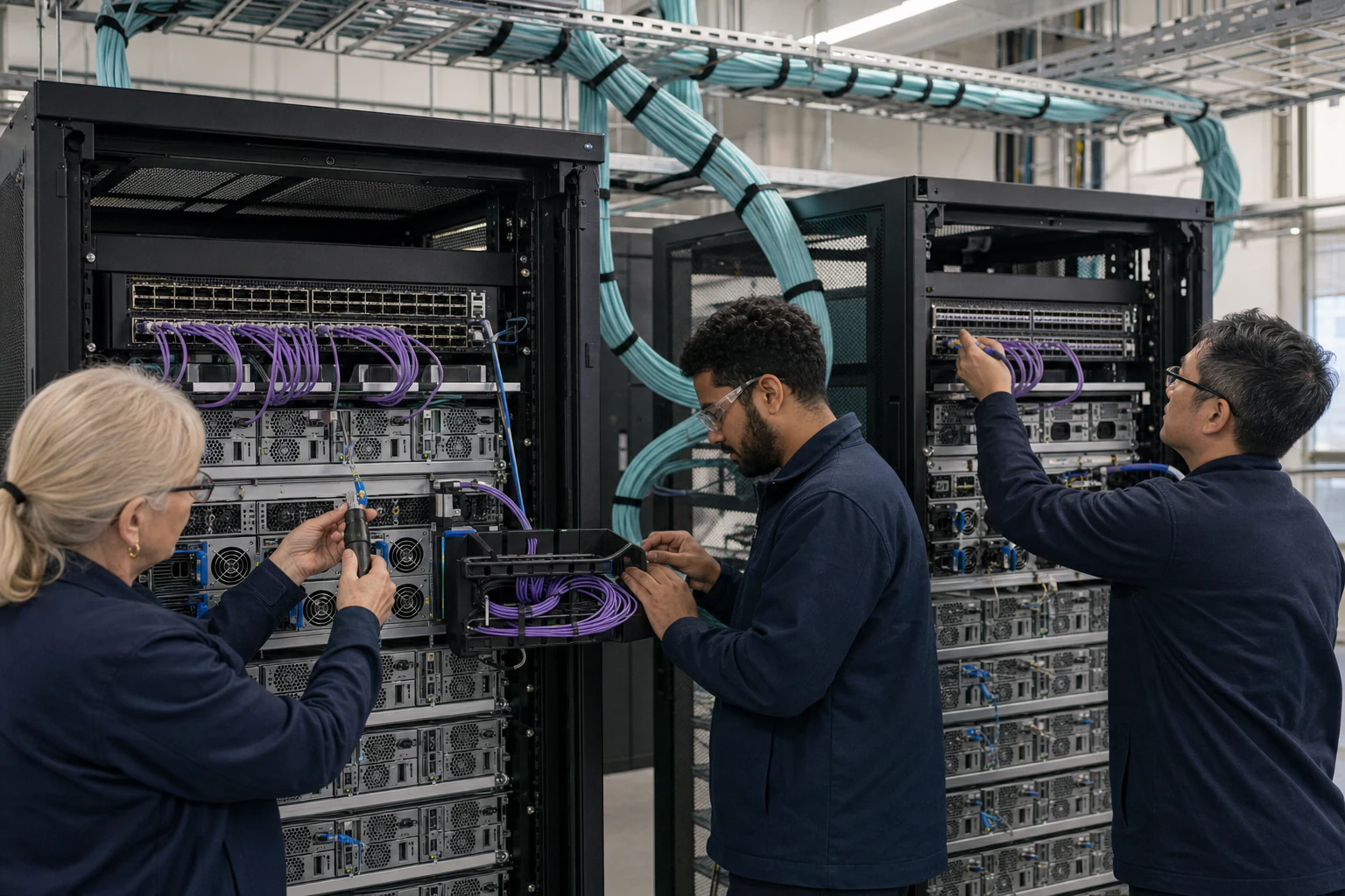 an engineer commissioning a high-speed Ethernet AI fabric for “Why AI Data Center Infrastructure Needs Open Collaboration: Lessons from OCP and SONiC fo...