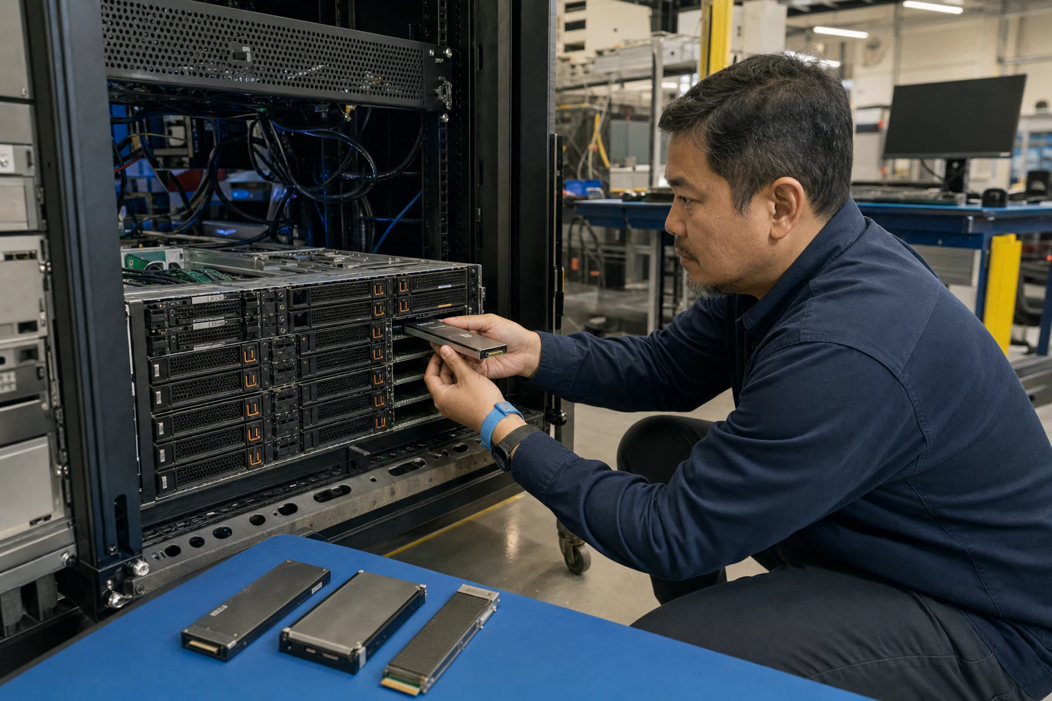 an engineer working with enterprise NVMe storage hardware for “Why AI Infrastructure Demands Are Reshaping Enterprise NVMe SSD Form Factor Choices in Au...
