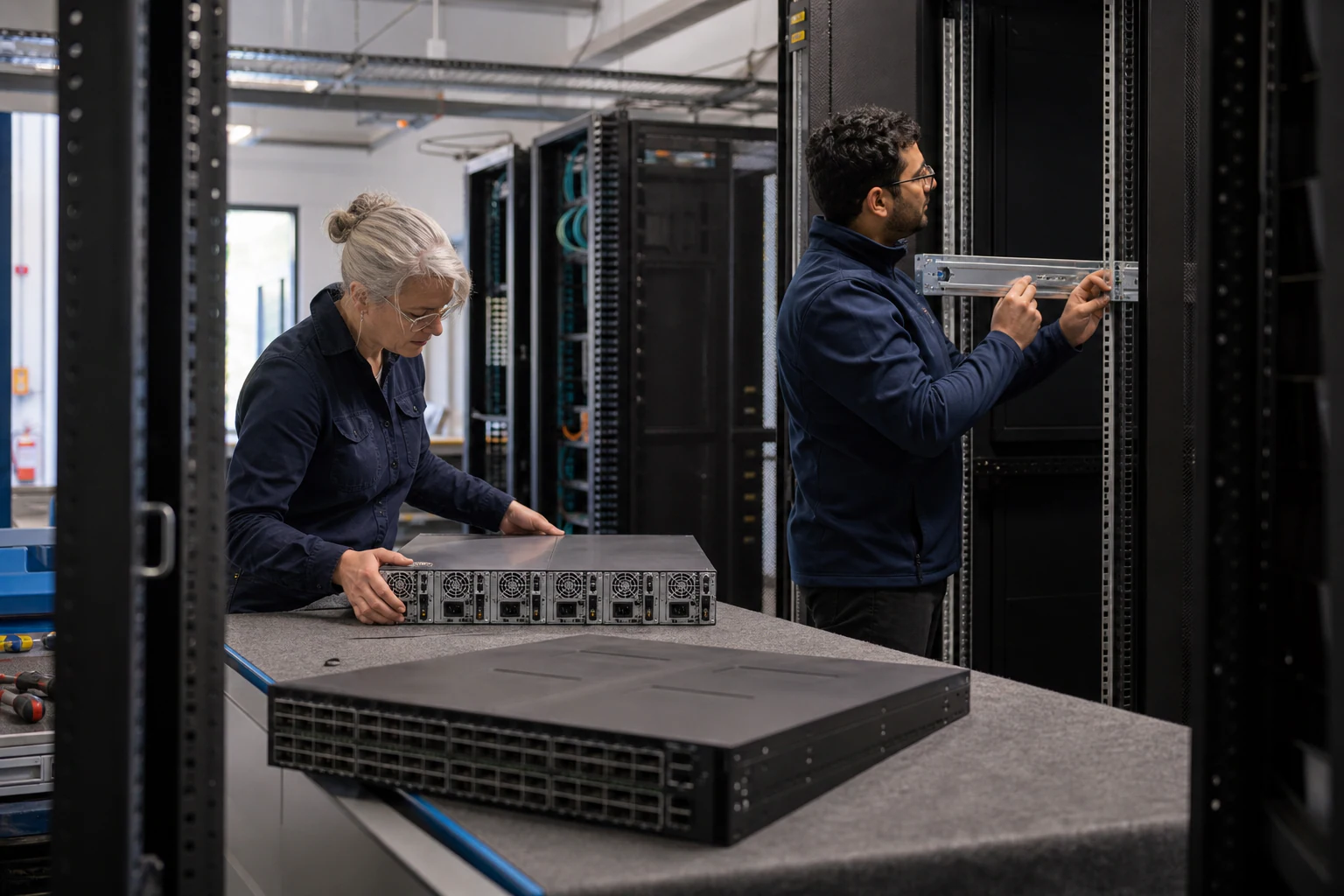 an engineer testing enterprise open-networking switches for “Why AI Teams Are Reconsidering Ethernet Fabrics for GPU Clusters: A Deployment Playbook”
