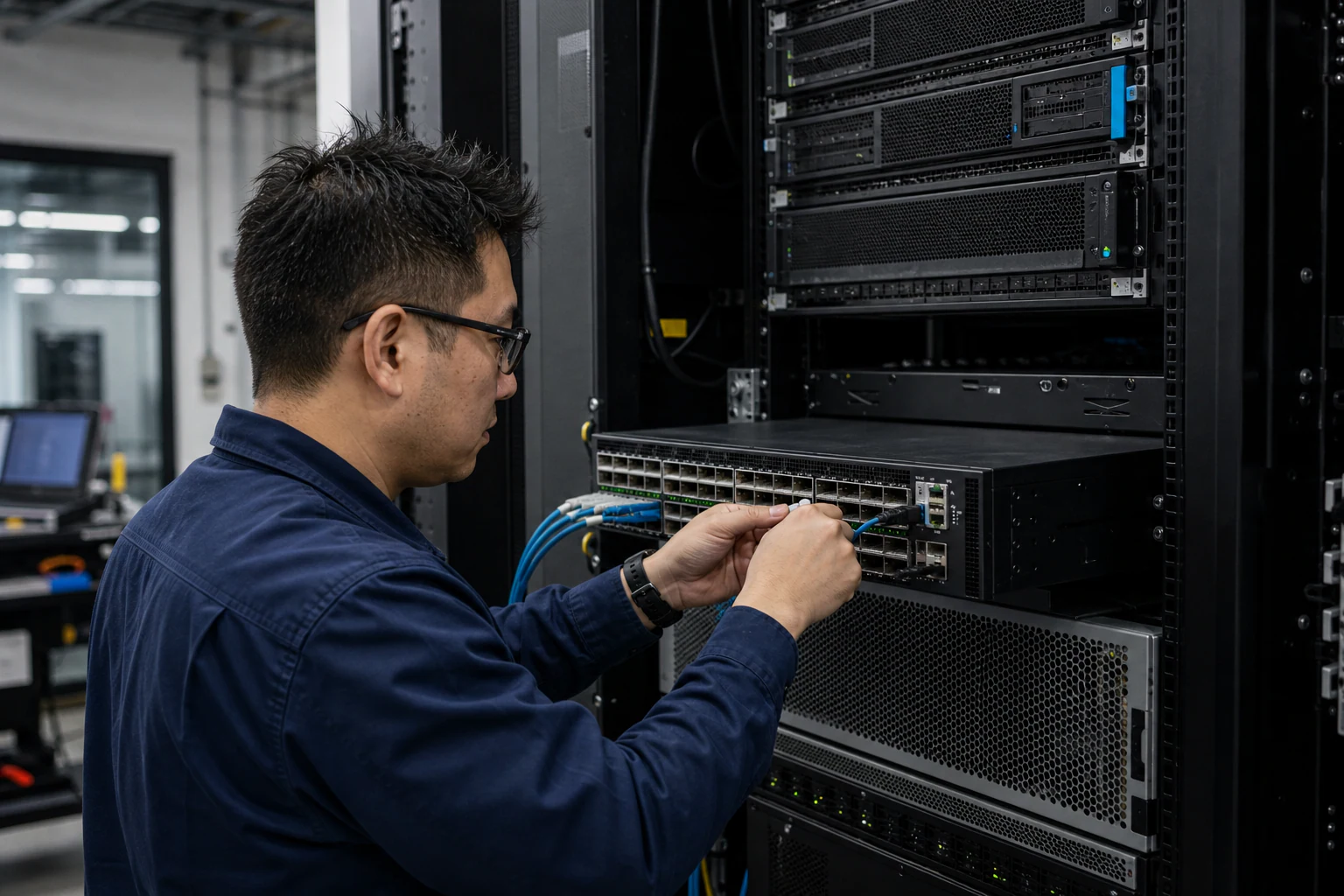 an engineer testing enterprise open-networking switches for “Why AI Teams Are Reconsidering Ethernet Fabrics for GPU Clusters: A Shift Worth Watching”