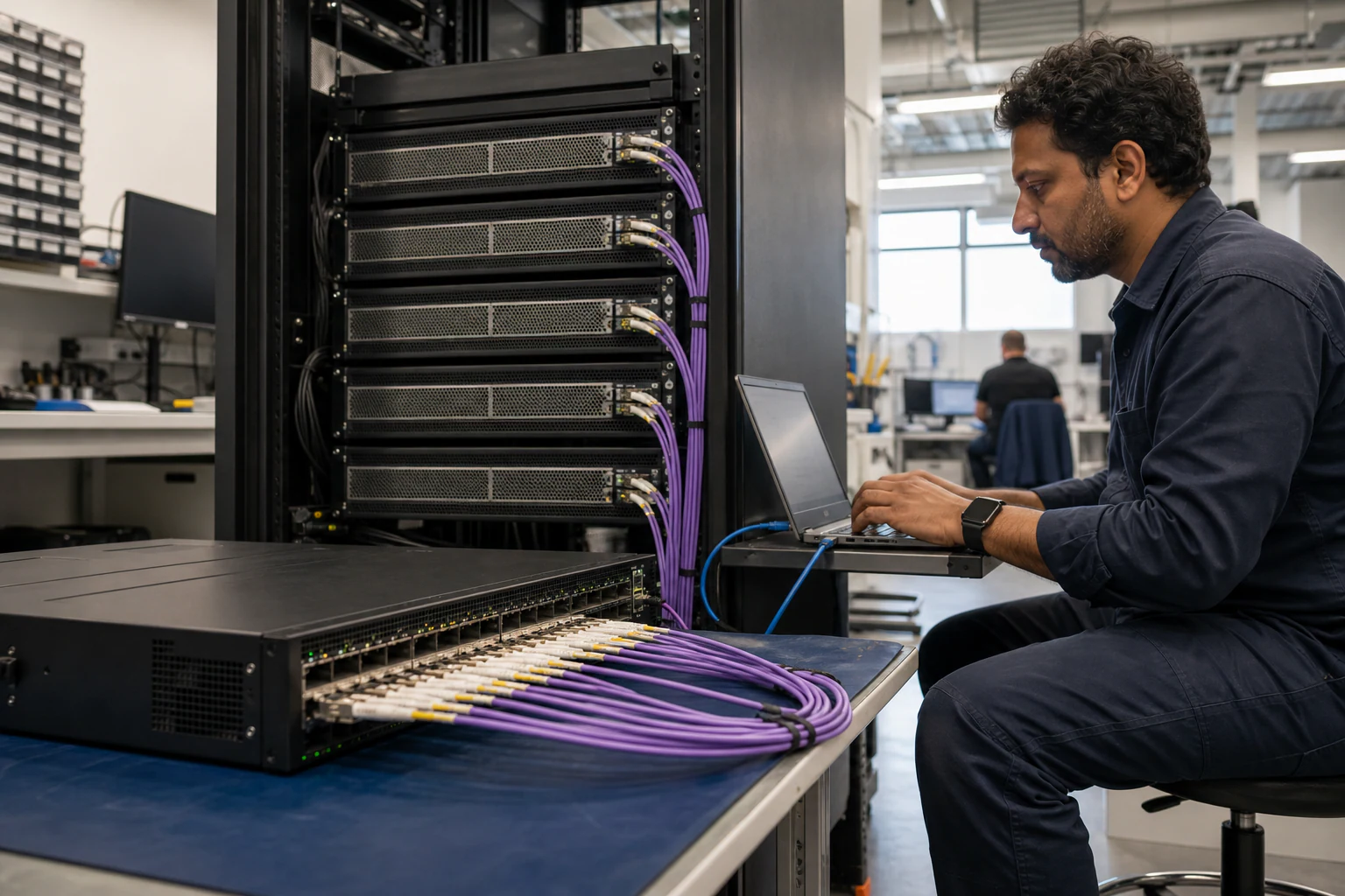 an engineer testing enterprise open-networking switches for “Why AI Teams Are Reconsidering Ethernet Fabrics for GPU Clusters: An Open Networking Angle”