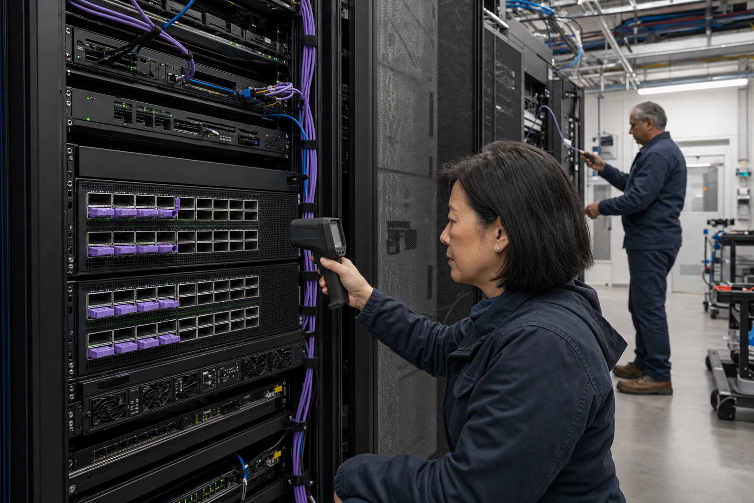 an engineer testing enterprise open-networking switches for “Why AI Workloads Are Forcing a Complete Rethink of Ethernet Switching”
