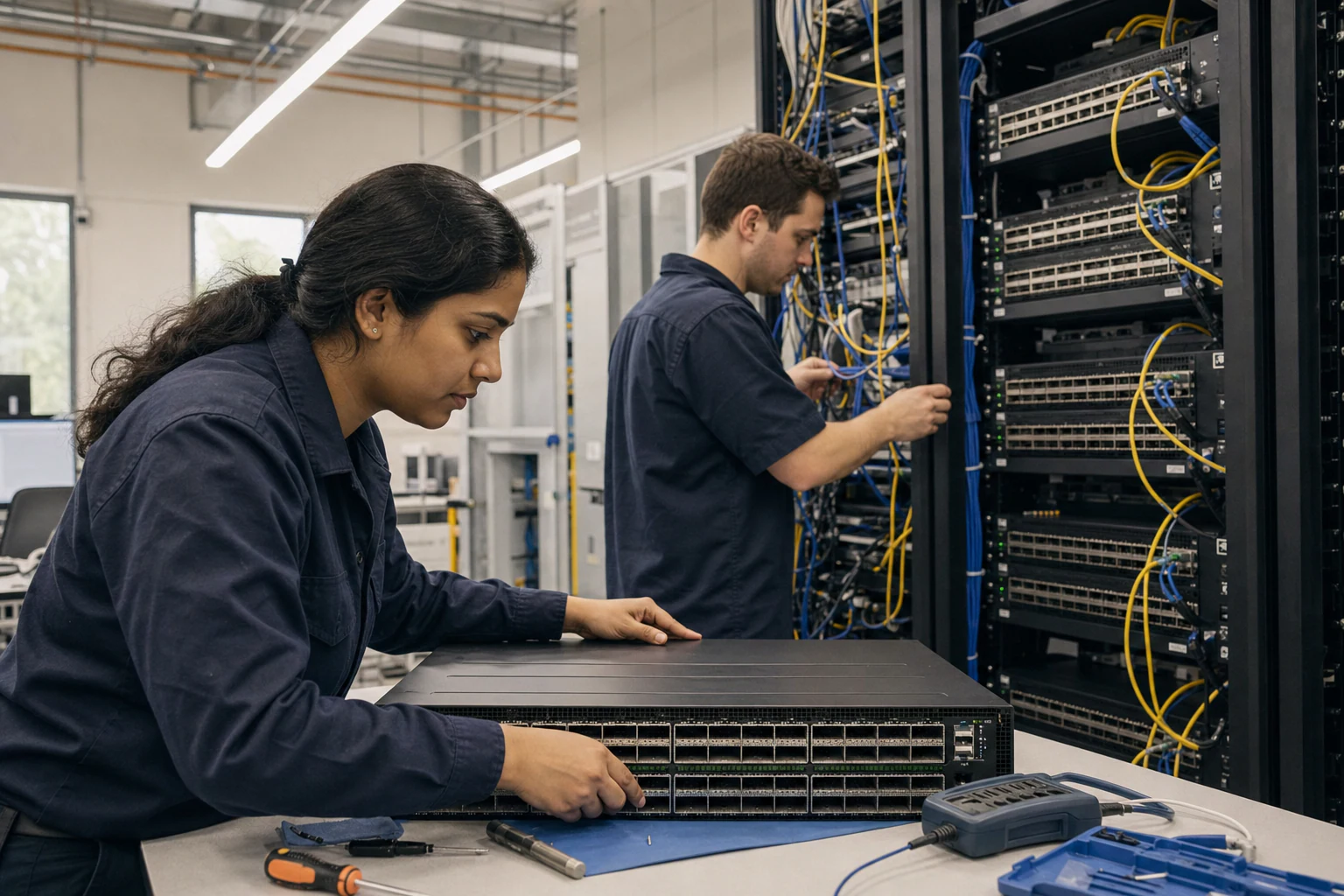 an engineer testing enterprise open-networking switches for “Why Australian Data Centers Are Re-evaluating Open Networking for AI Infrastructure”