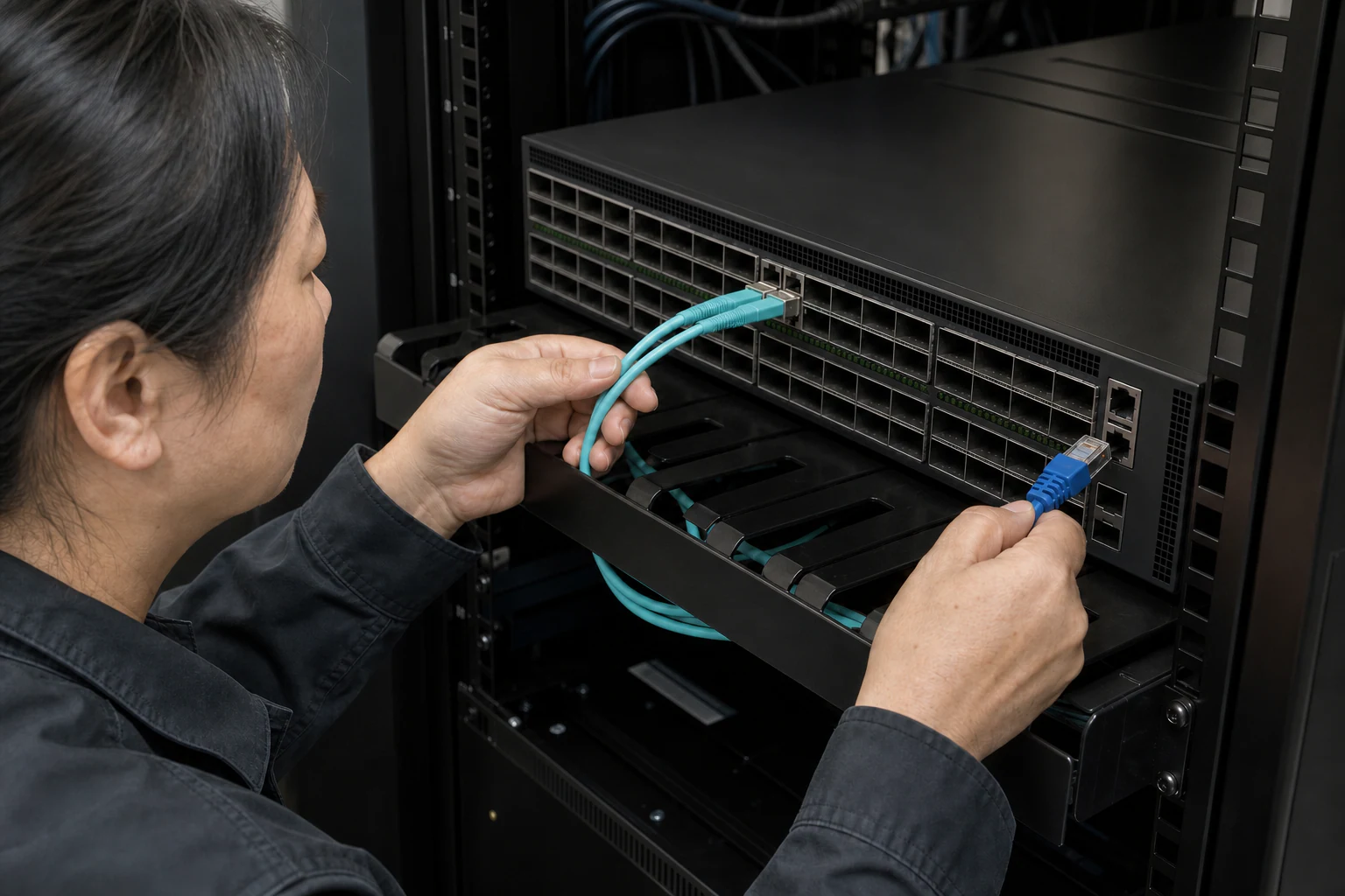 an engineer testing enterprise open-networking switches for “Why Australian Enterprise Campuses Need a Fresh Look at Enterprise SONiC for Access and Agg...