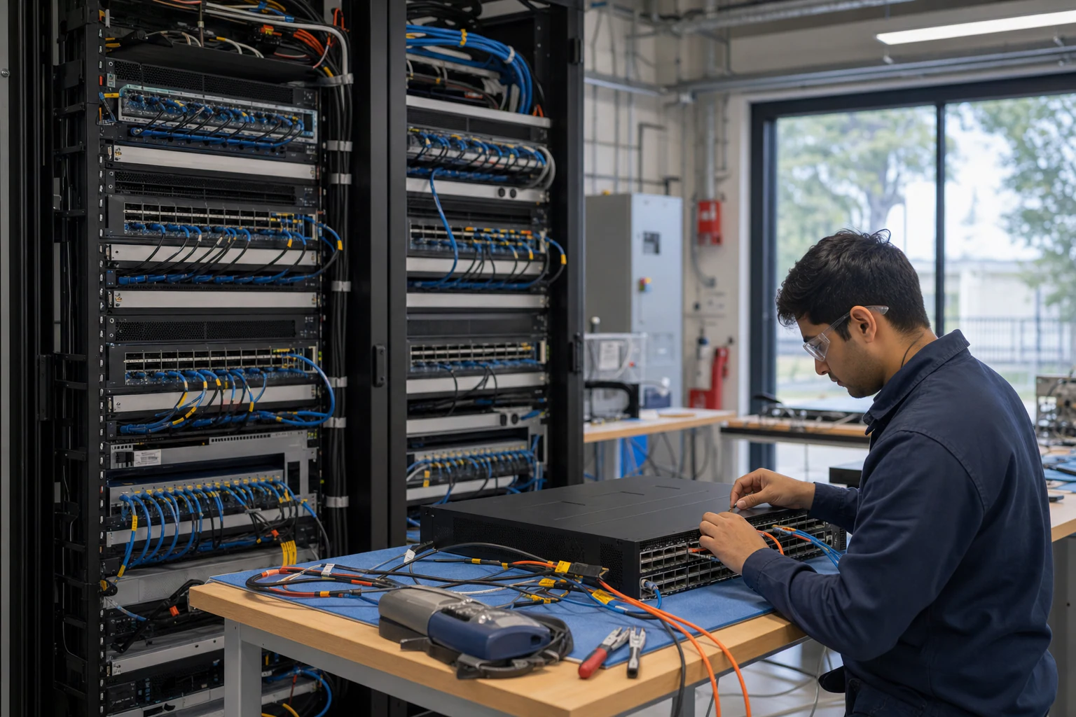 an engineer testing enterprise open-networking switches for “Why Australian Enterprises Are Eyeing Enterprise SONiC to Escape Proprietary Network Lock-In”