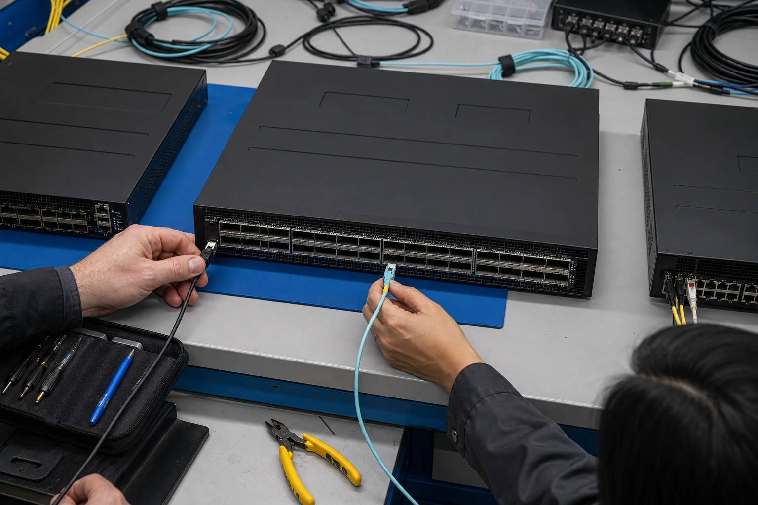 an engineer testing enterprise open-networking switches for “Why Australian Enterprises Are Re-Evaluating Cisco, Arista, and Juniper: The Open Networkin...