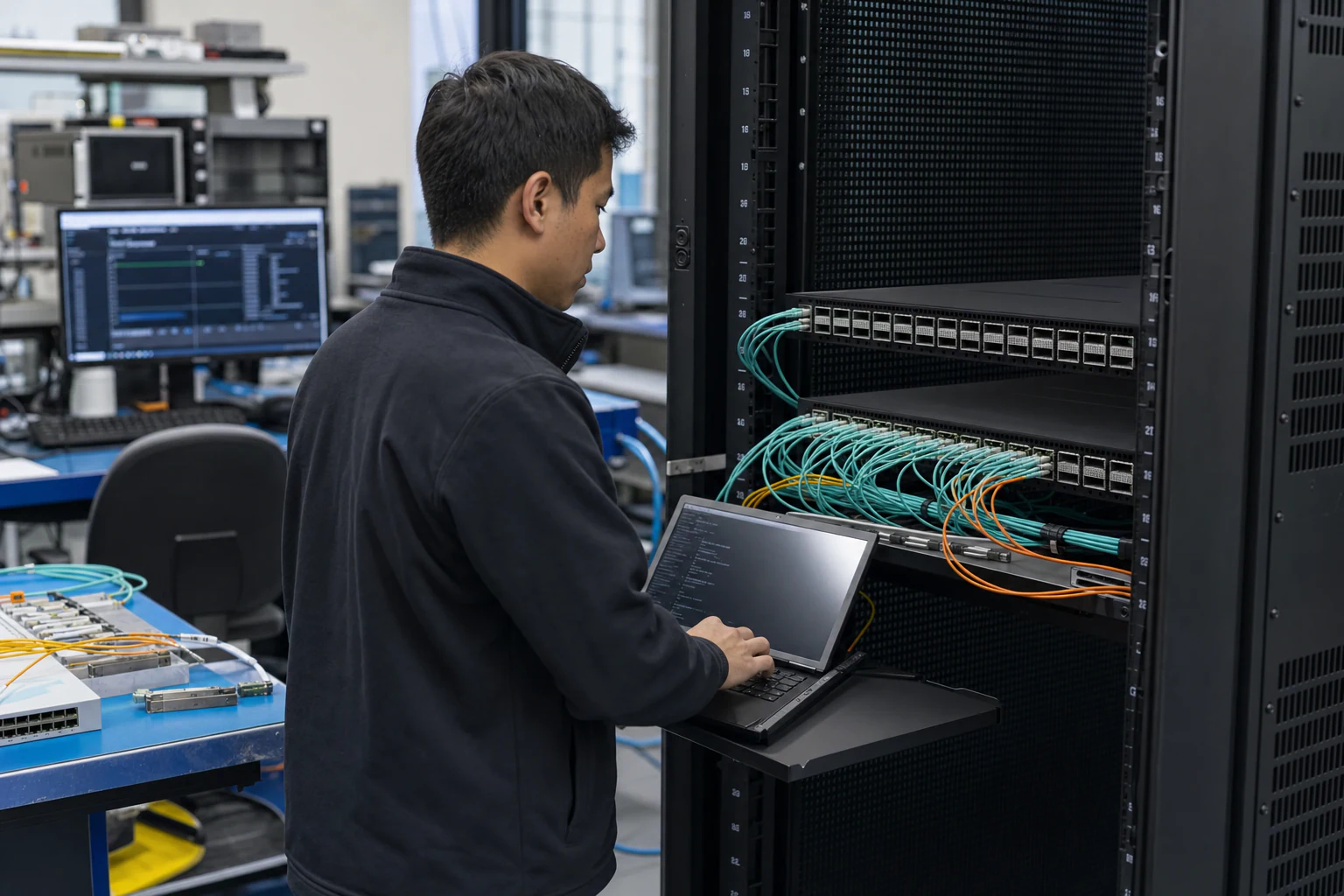 network engineers validating and automating data-centre switches for “Why Centralized AI Fabric Management Is the Missing Layer in Open Networking”