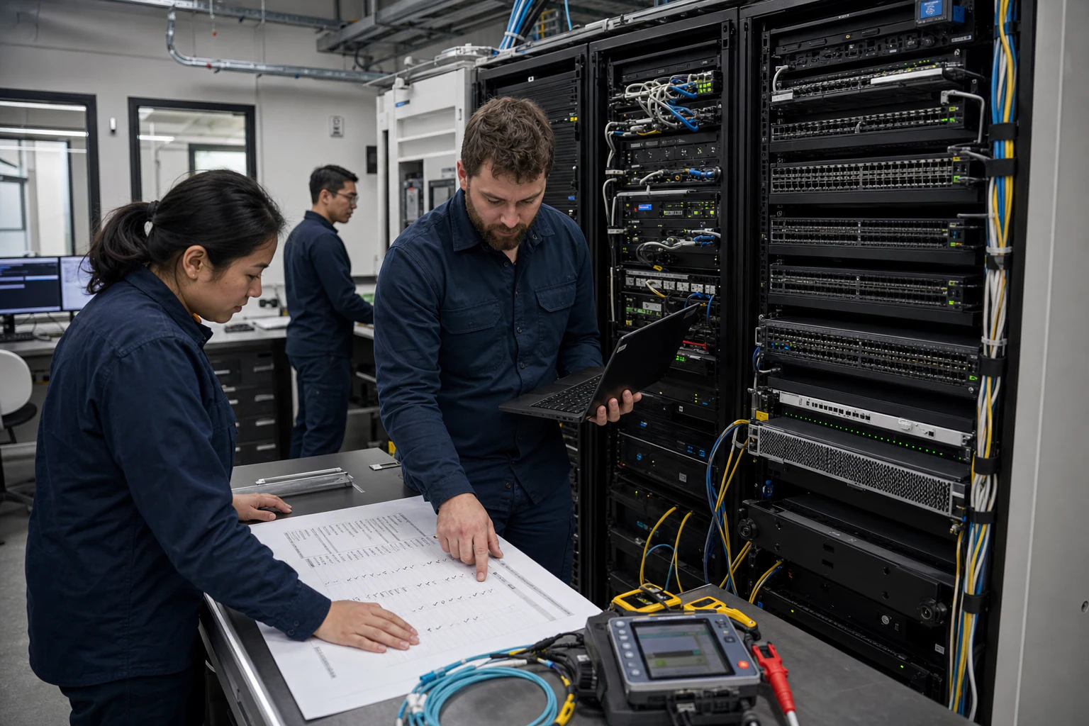 network engineers validating and automating data-centre switches for “Why Centralized AI Fabric Management Matters: The Case for an AIDC Controller”