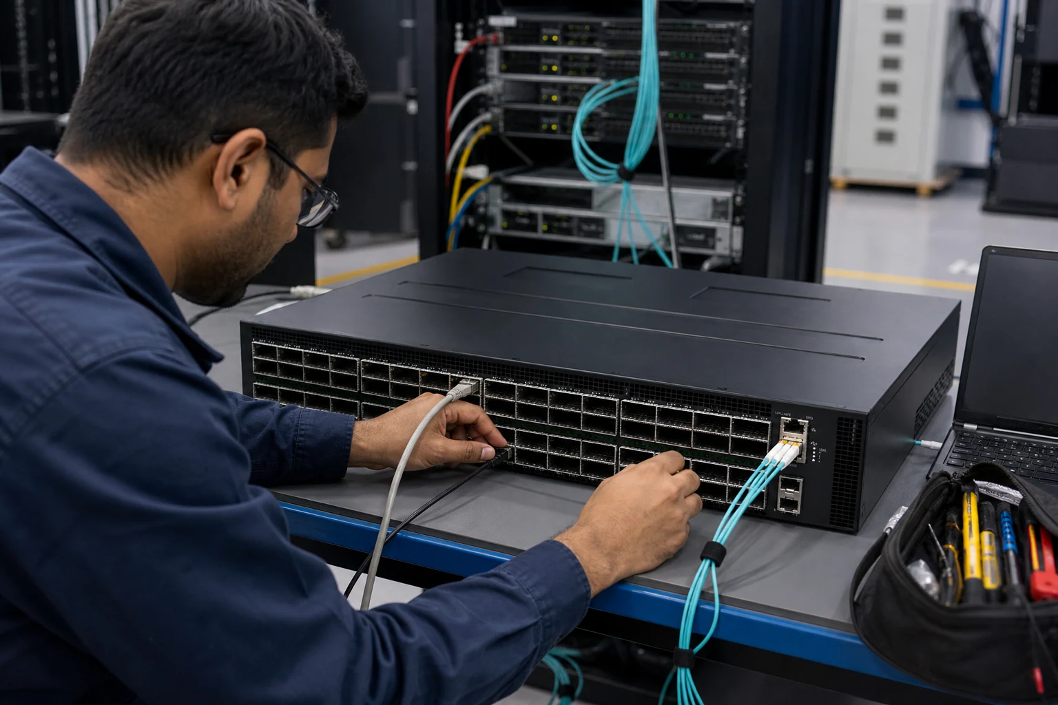 an engineer testing enterprise open-networking switches for “Why Enterprise Buyers Are Moving to SONiC on White Box Switches: A Practical Guide for Aust...
