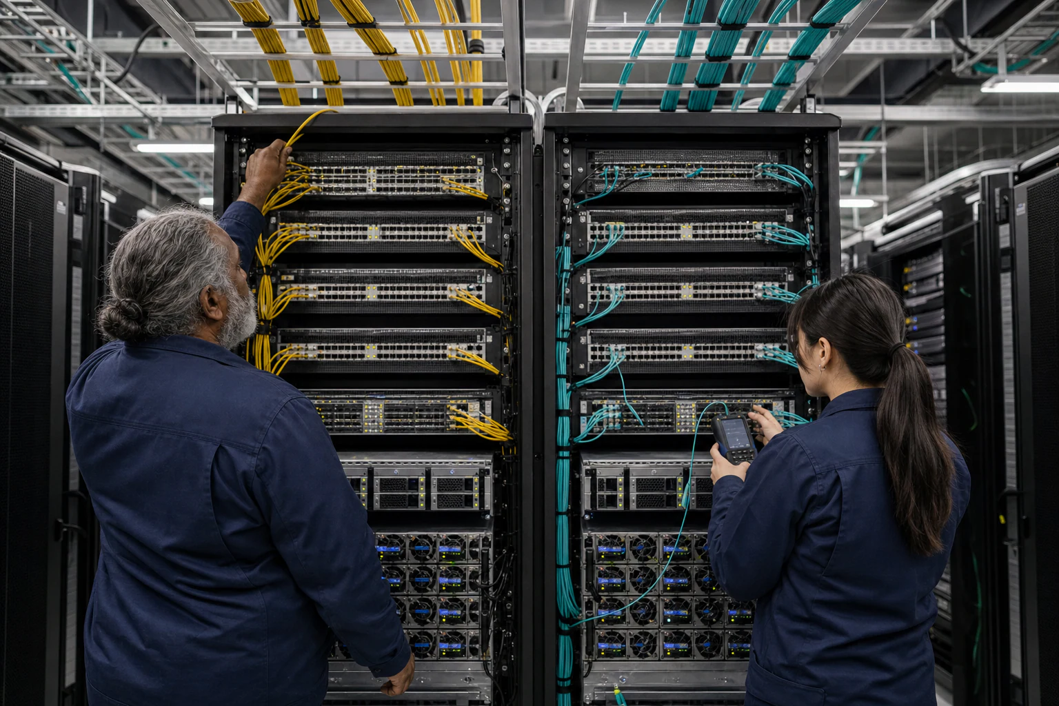 an engineer commissioning a high-speed Ethernet AI fabric for “Why Ethernet Became A Serious AI Data Center Fabric: From Shared Cable To 800G”