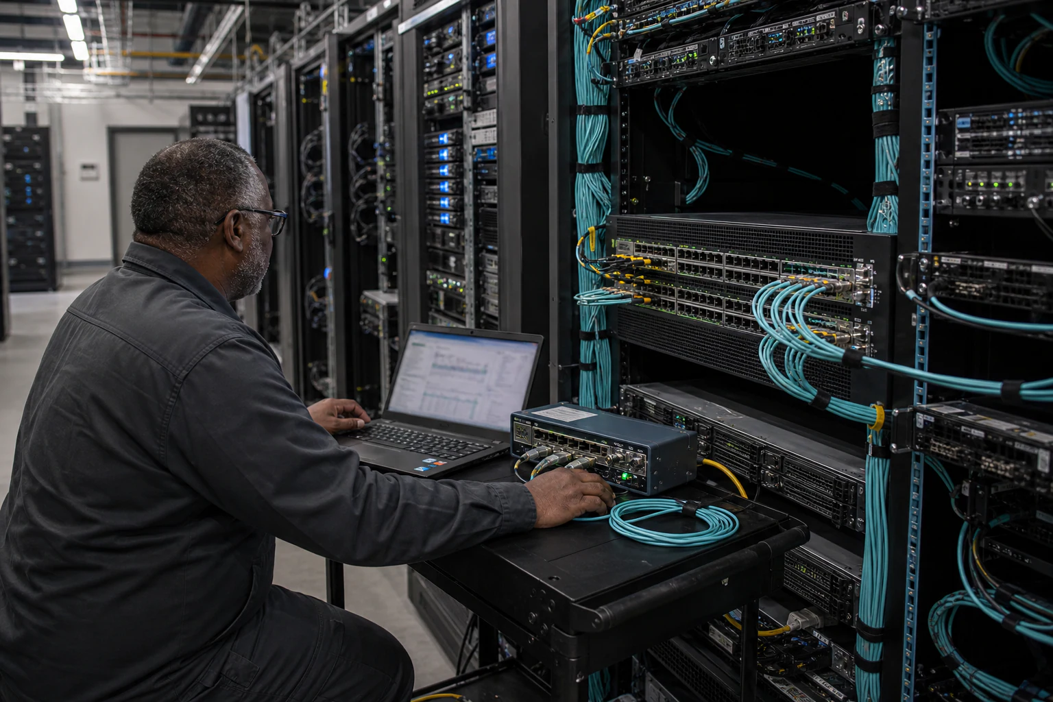 an engineer commissioning a high-speed Ethernet AI fabric for “Why GPU Backend Fabrics Need More Than Bandwidth: RoCE Congestion Control, DCBX, and Fast...