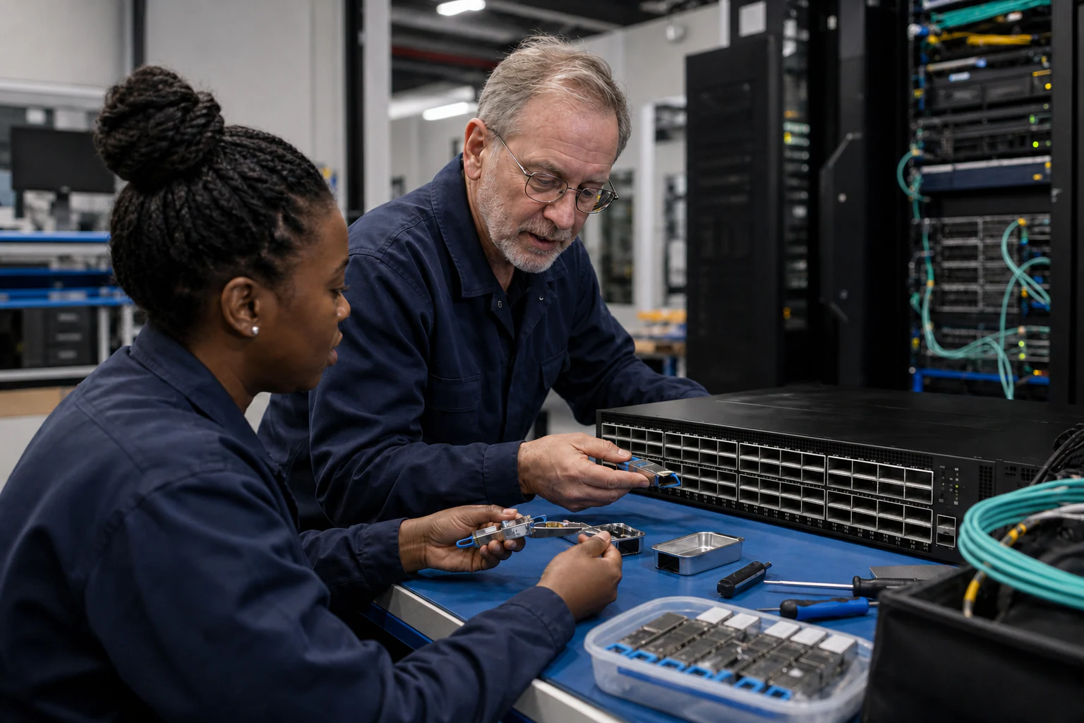 an engineer testing enterprise open-networking switches for “Why GPU Clusters Need Purpose-Built Network Fabrics: The Open Networking Approach to AI Inf...
