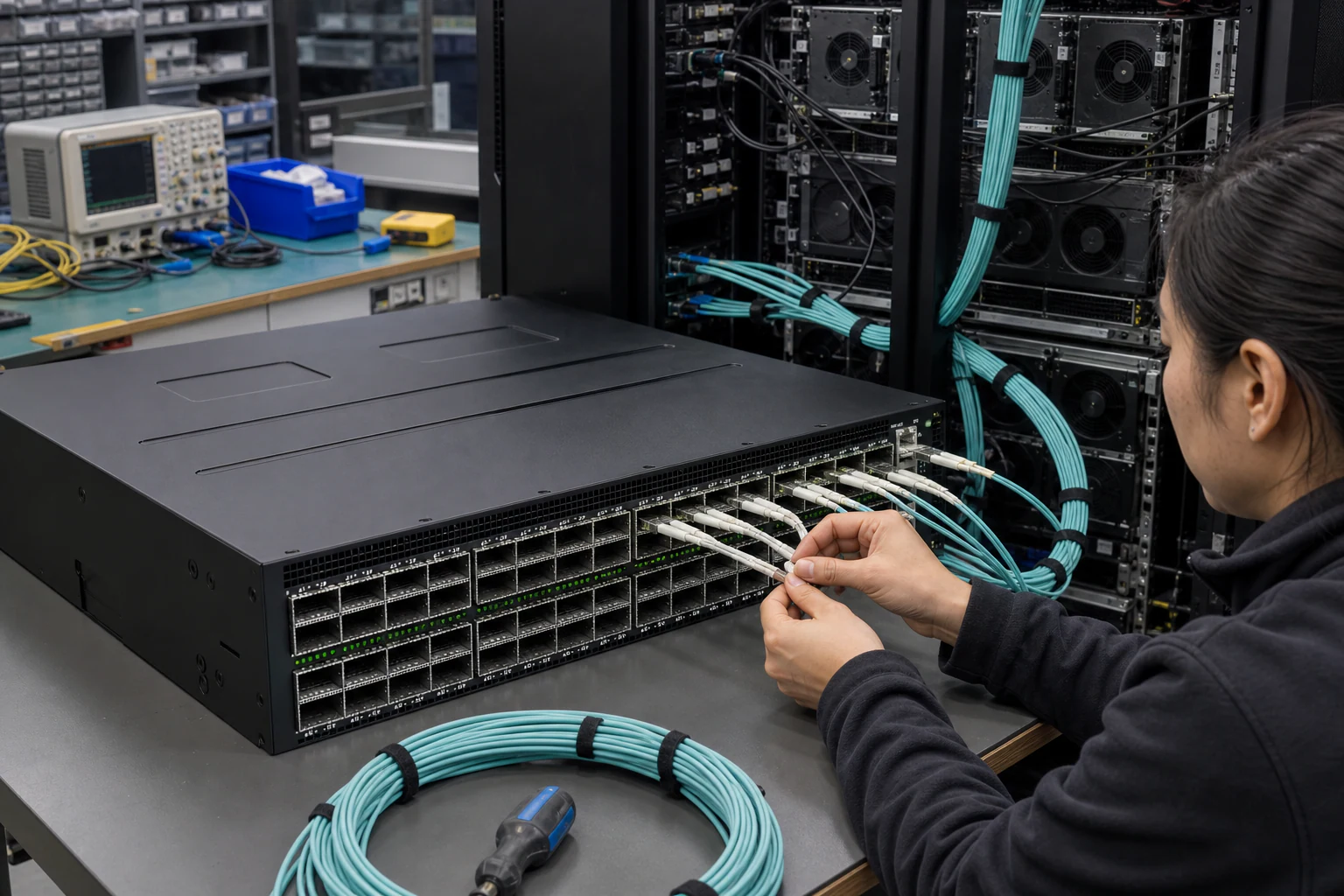 an engineer commissioning a high-speed Ethernet AI fabric for “Why Open SONiC Ethernet Is Becoming the Default AI Fabric for GPU Backend Clusters”