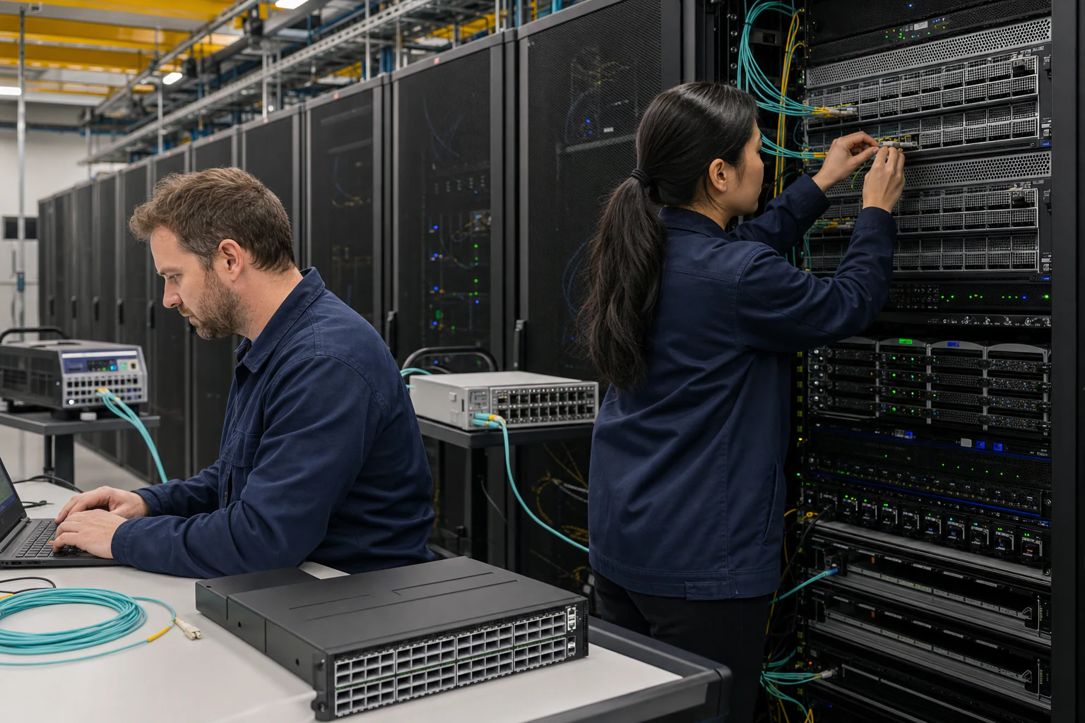 an engineer commissioning a high-speed Ethernet AI fabric for “Why SONiC and Ethernet Switching Are Reshaping AI Data Center Networking”