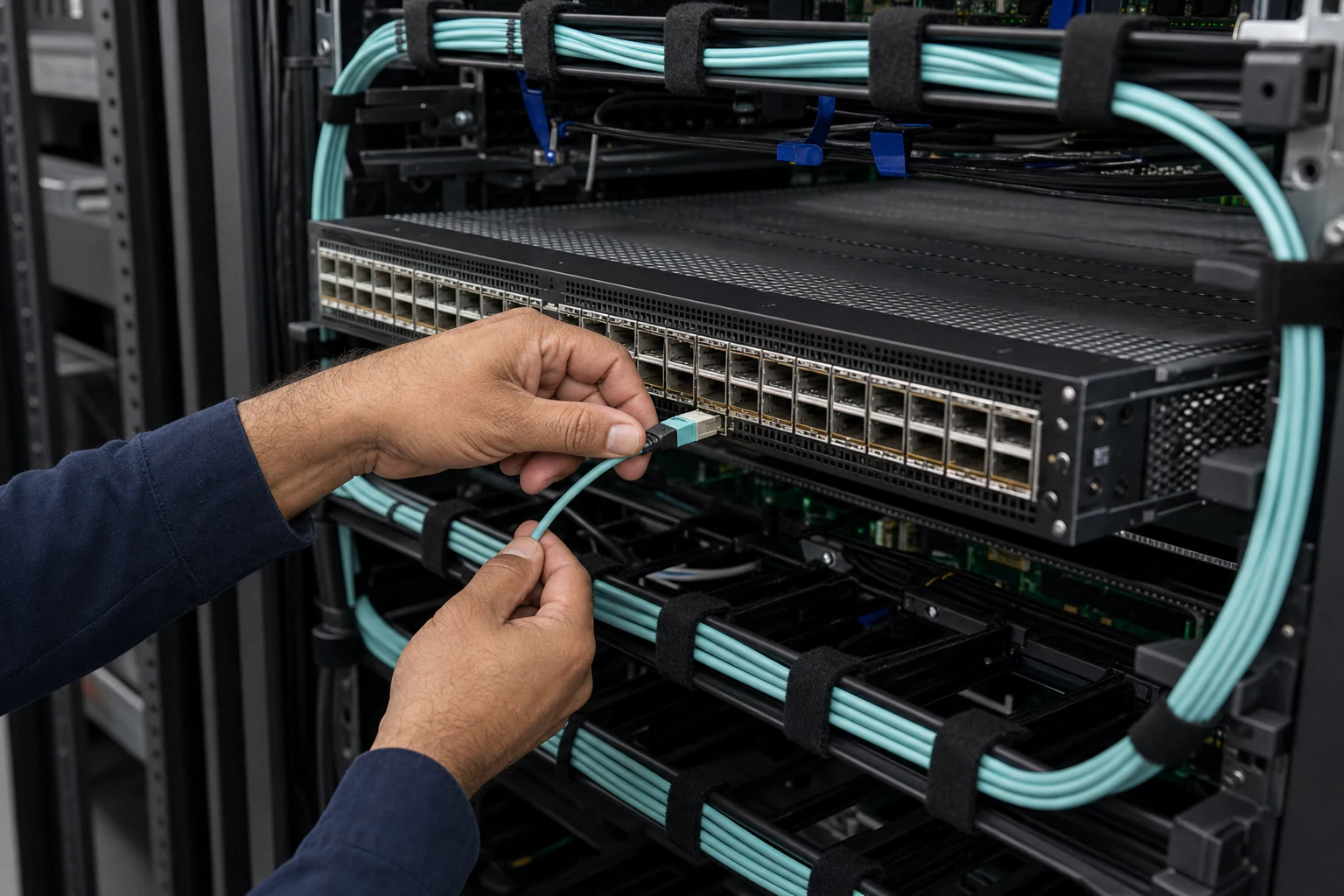 an engineer commissioning a high-speed Ethernet AI fabric for “Why SONiC and RoCE-Optimized Ethernet Are Reshaping AI Data Center Fabrics”