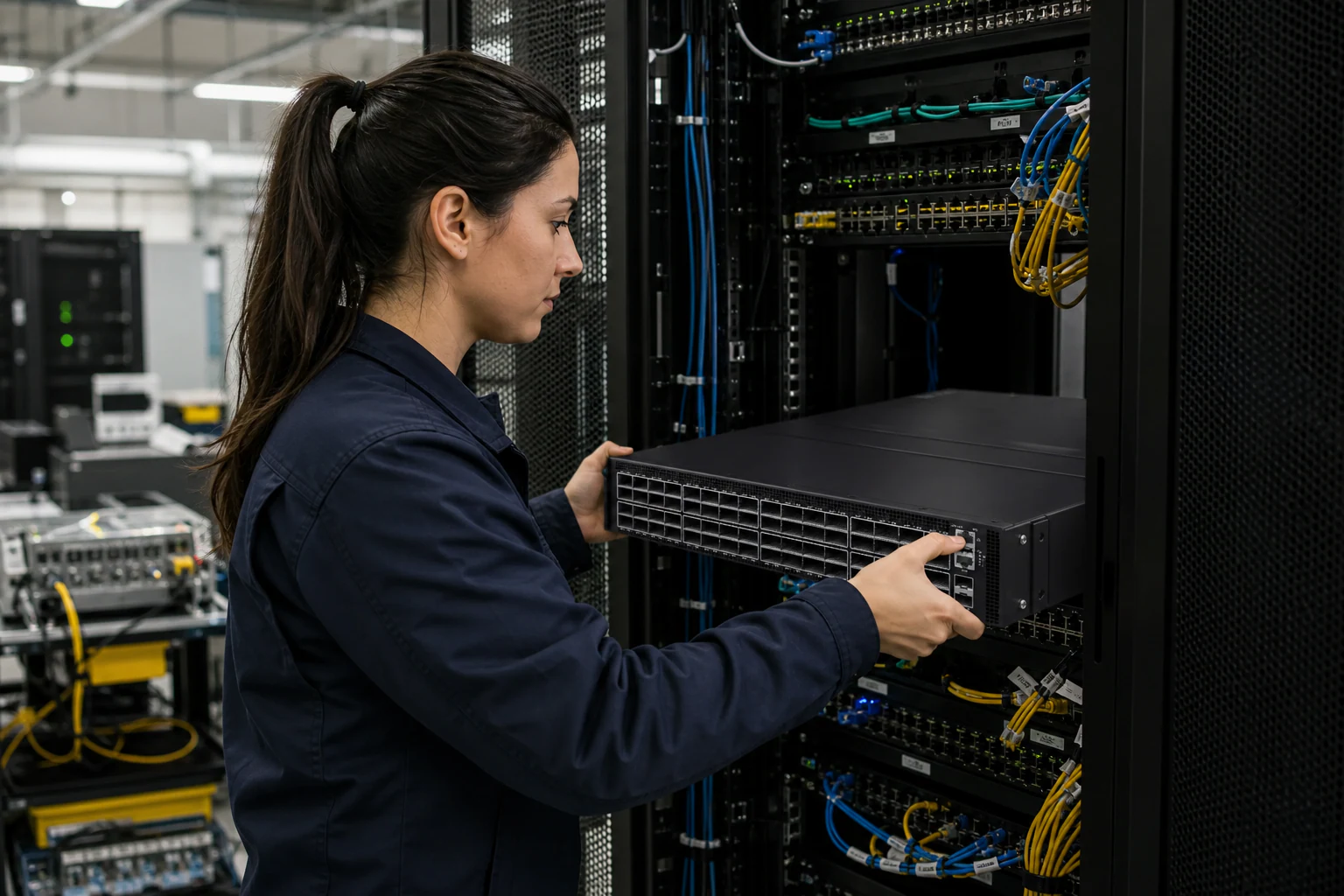 an engineer testing enterprise open-networking switches for “Why SONiC Open Networking on Celestica Data Center Switches Matters for Australian Enterpri...