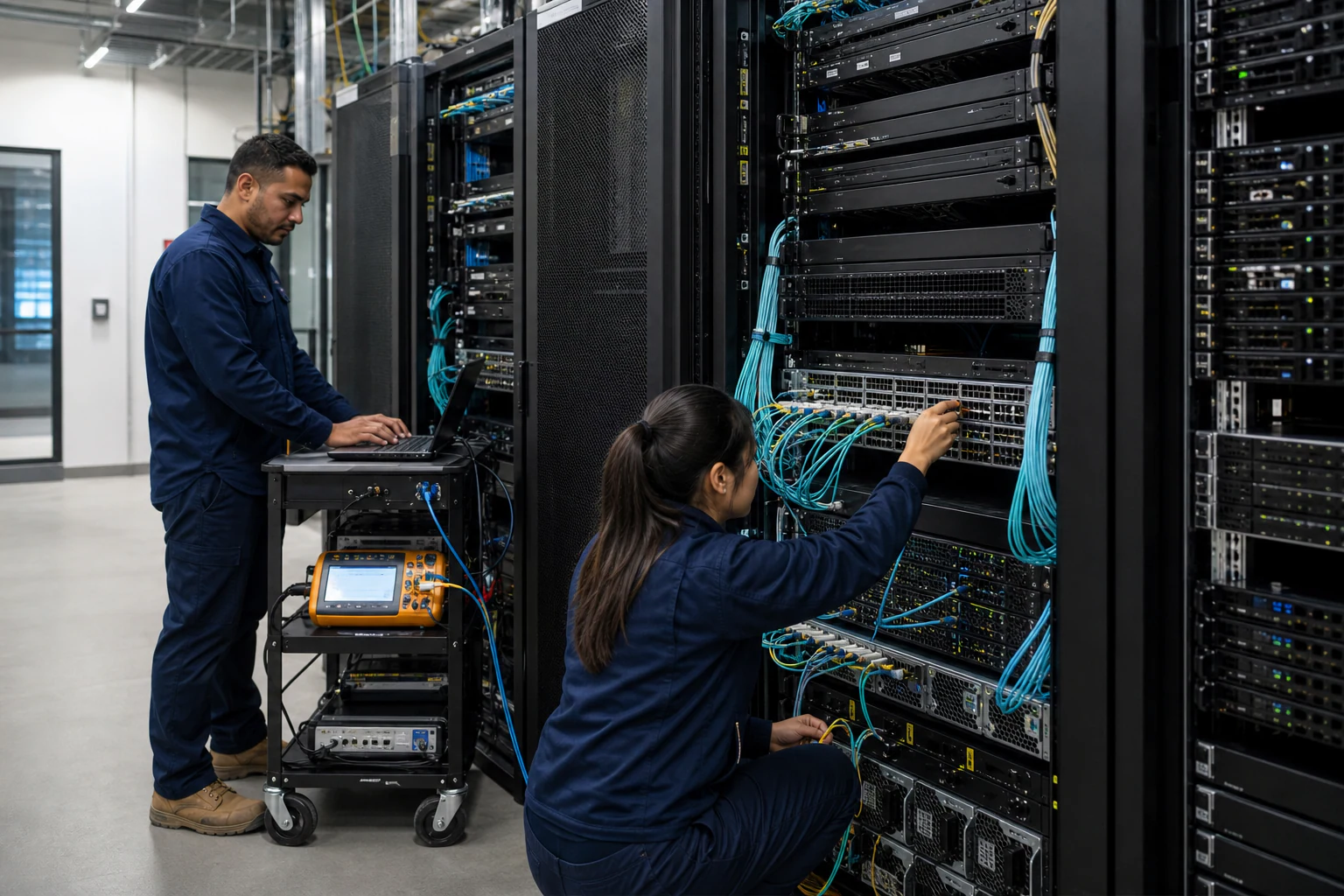 an engineer commissioning a high-speed Ethernet AI fabric for “How SONiC-Powered 400G and 800G Switches Change AI Data Center Fabric Design in Australia”