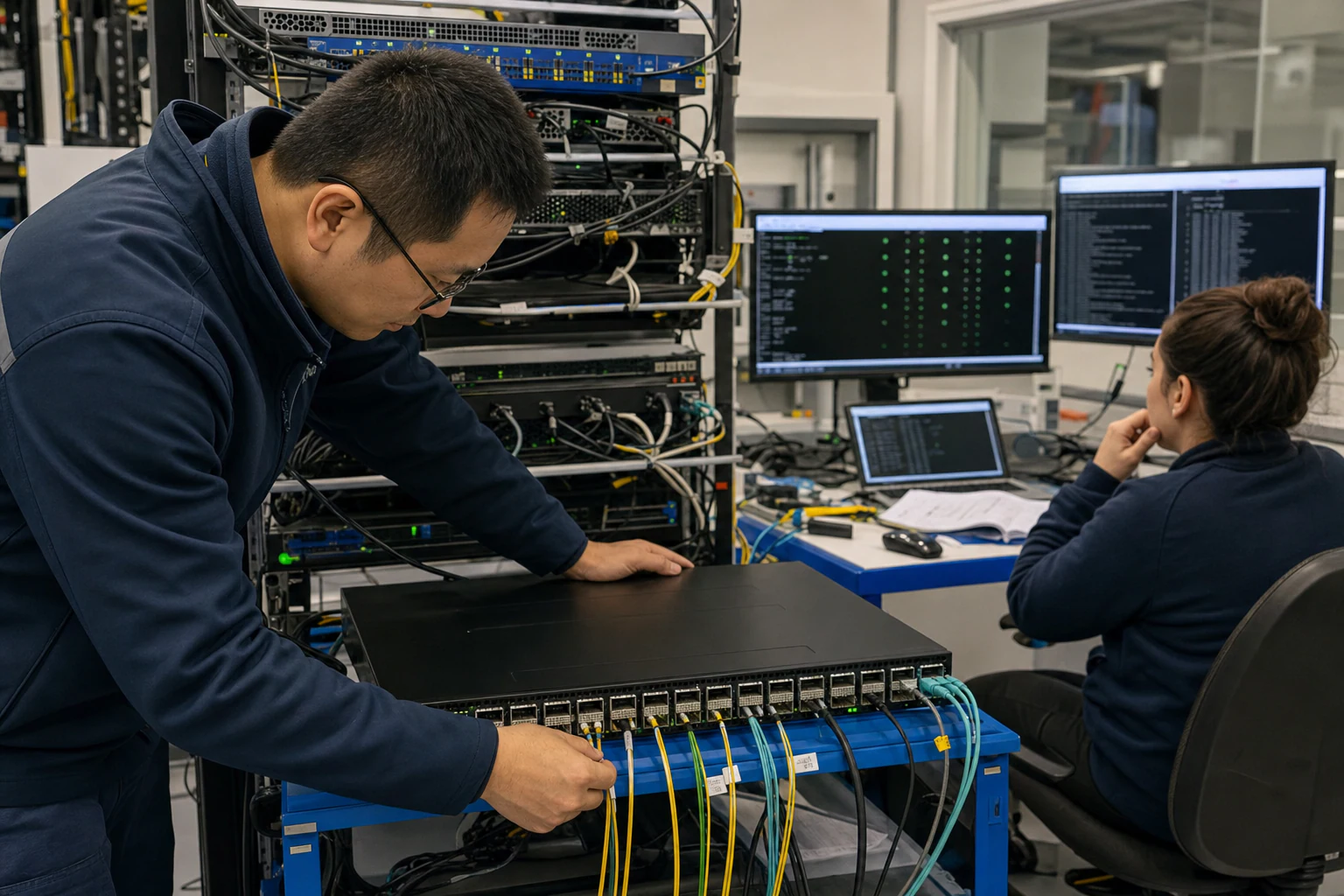 network engineers validating and automating data-centre switches for “Why Traditional Data Center Networking Breaks Under AI Training Workloads”