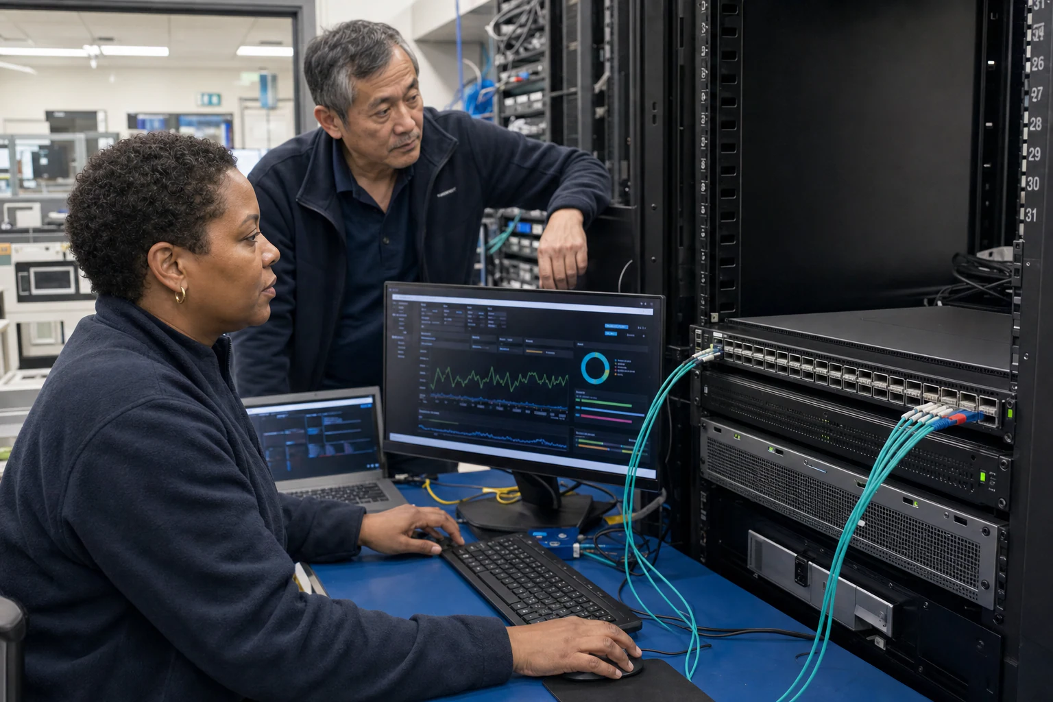network engineers validating and automating data-centre switches for “Why Your AI Fabric Needs a Centralized Controller, Not CLI-Based Hop Management”