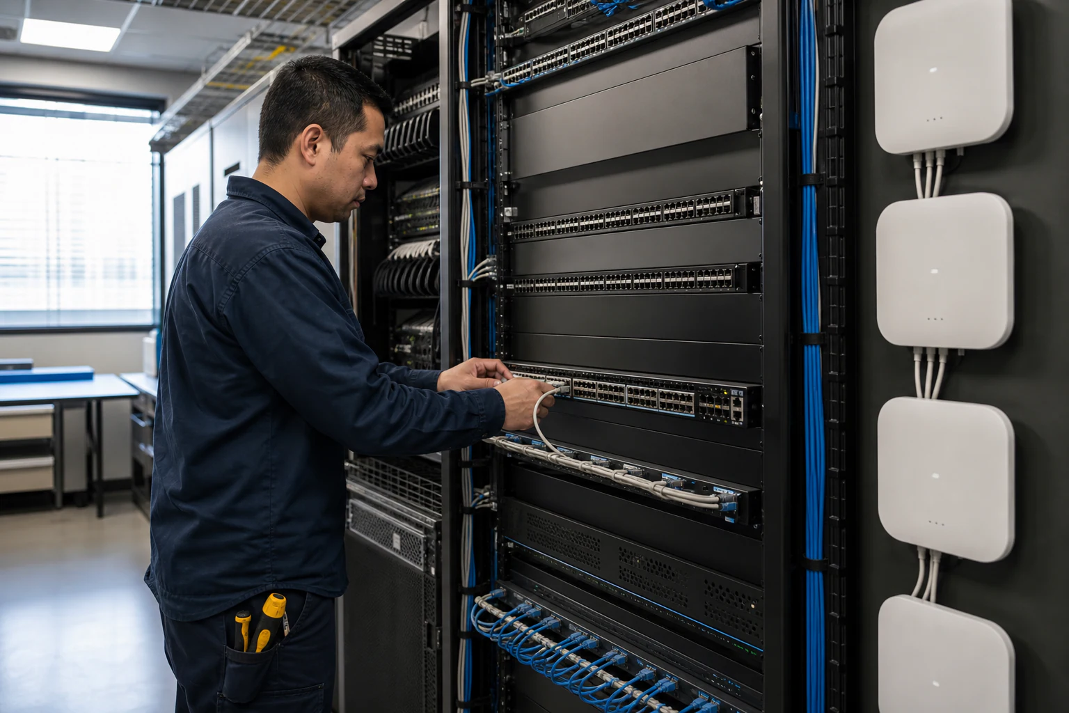 a campus network engineer commissioning enterprise access infrastructure for “Wi-Fi 6E and Wi-Fi 7 Access Point Planning for Enterprise Campuses: A Prac...