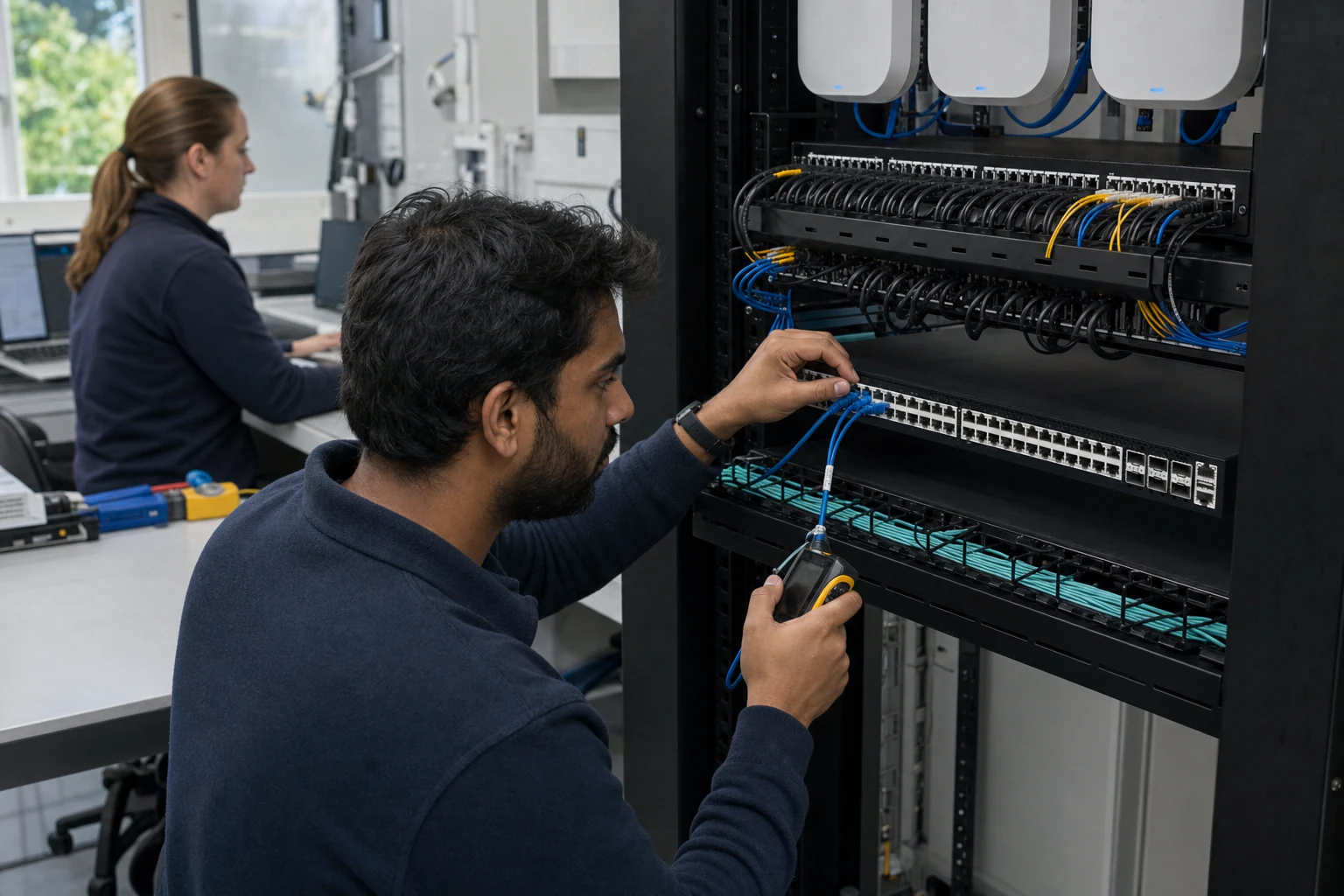 a campus network engineer commissioning enterprise access infrastructure for “Wi-Fi 6E and Wi-Fi 7 Enterprise Campus Planning in Australia: What Network...
