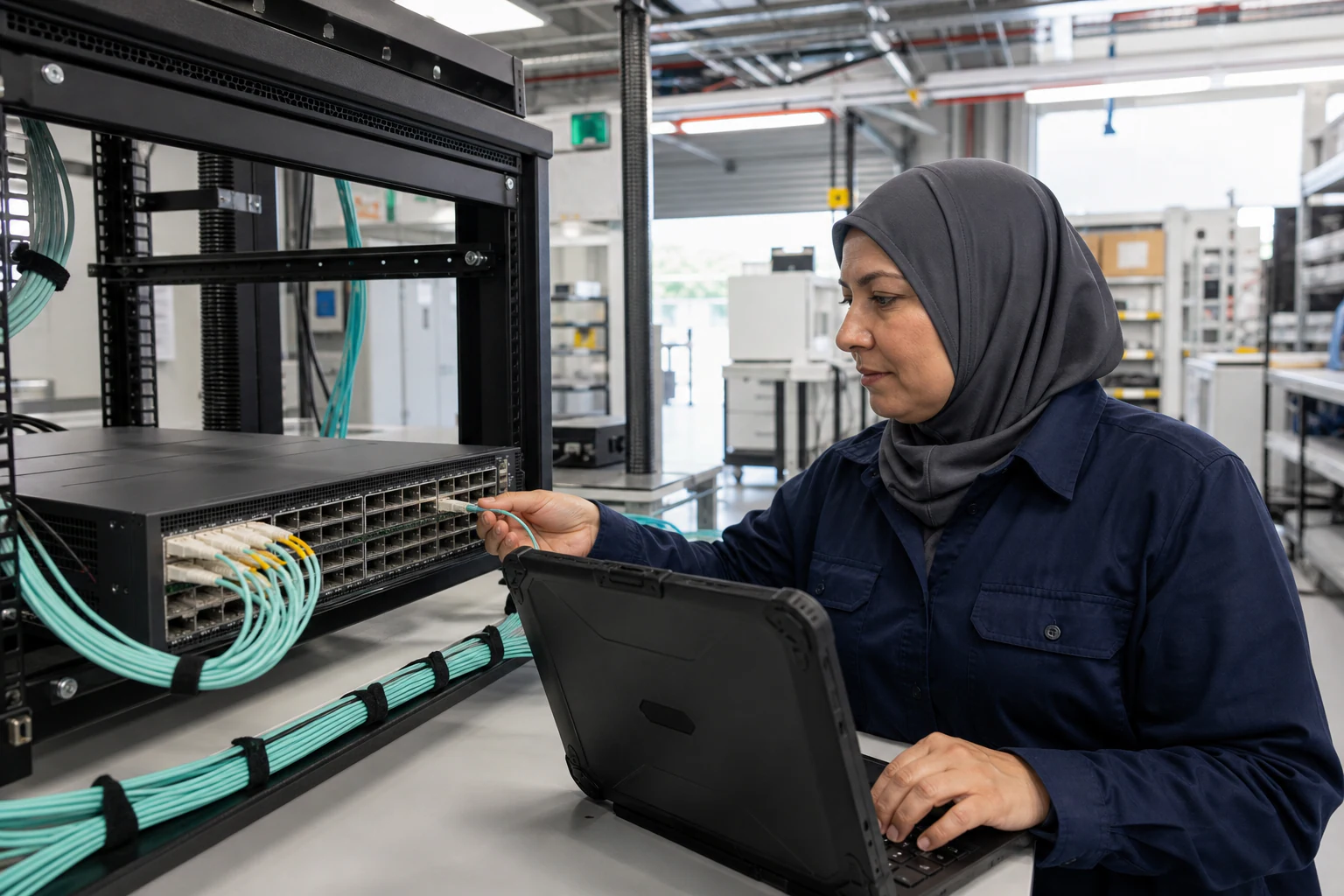 an engineer testing enterprise open-networking switches for “xSONiC 800G Data Center Switch Buyer Guide: Deploying AI Infrastructure on Open Networking”